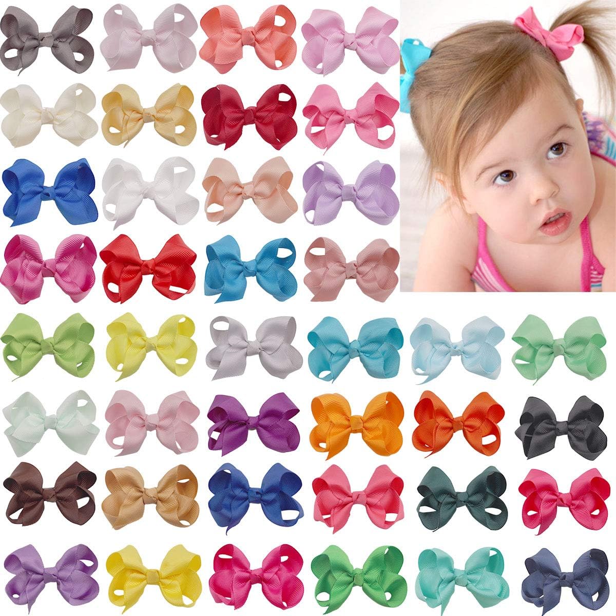 DeD 40 Colors 3" Grosgrain Ribbon Hair Bows With Alligator Clips Ponytail Pigtail for Baby Girls Infants Toddler Teens Kids