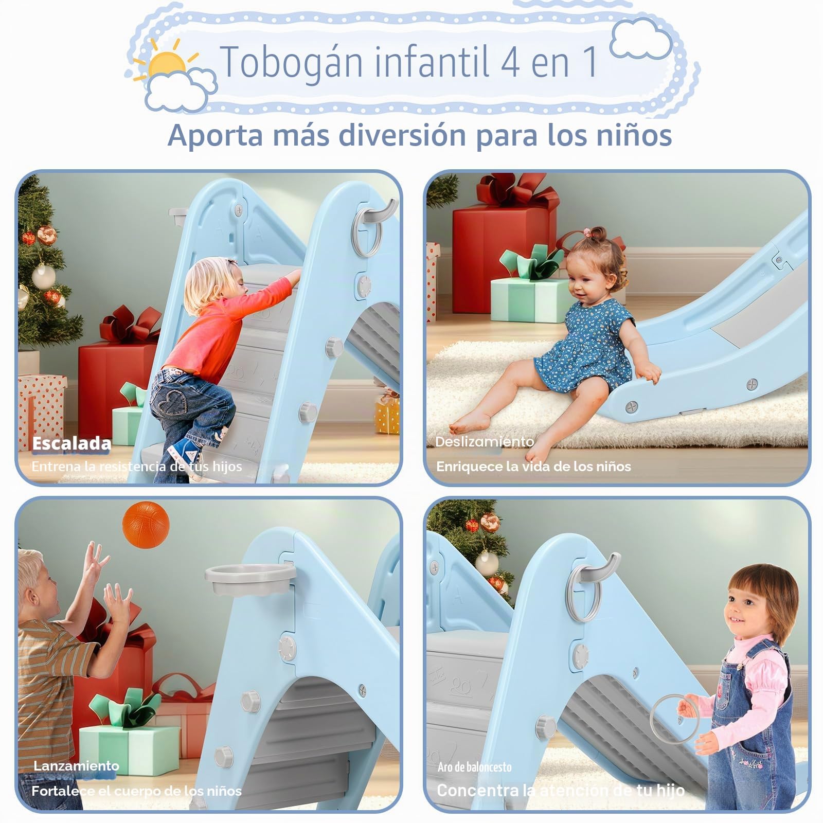 Toboganes Infantiles Interior, Tobogan Bebe 190CM, Tobogán para Niños con aro de Baloncesto y Contera, Toboganes Infantiles para Parque Interior y Exterior, Tobogán Infantiles de 1-6 año,Azul Grisáceo