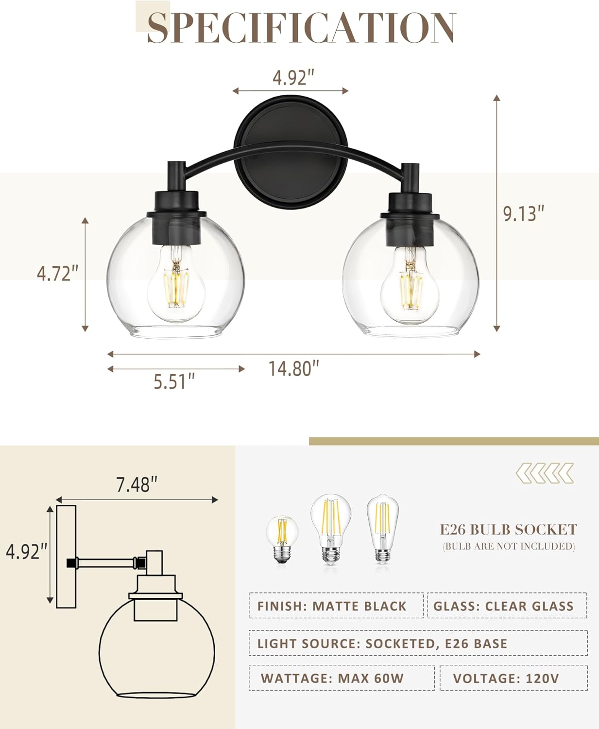 2-Light Vanity Light Fixture Over Mirror,Globe Bathroom Light with Clear Glass,Modern Black Wall Sconce,ZCVL02BK-2 Black 2 LIGHT