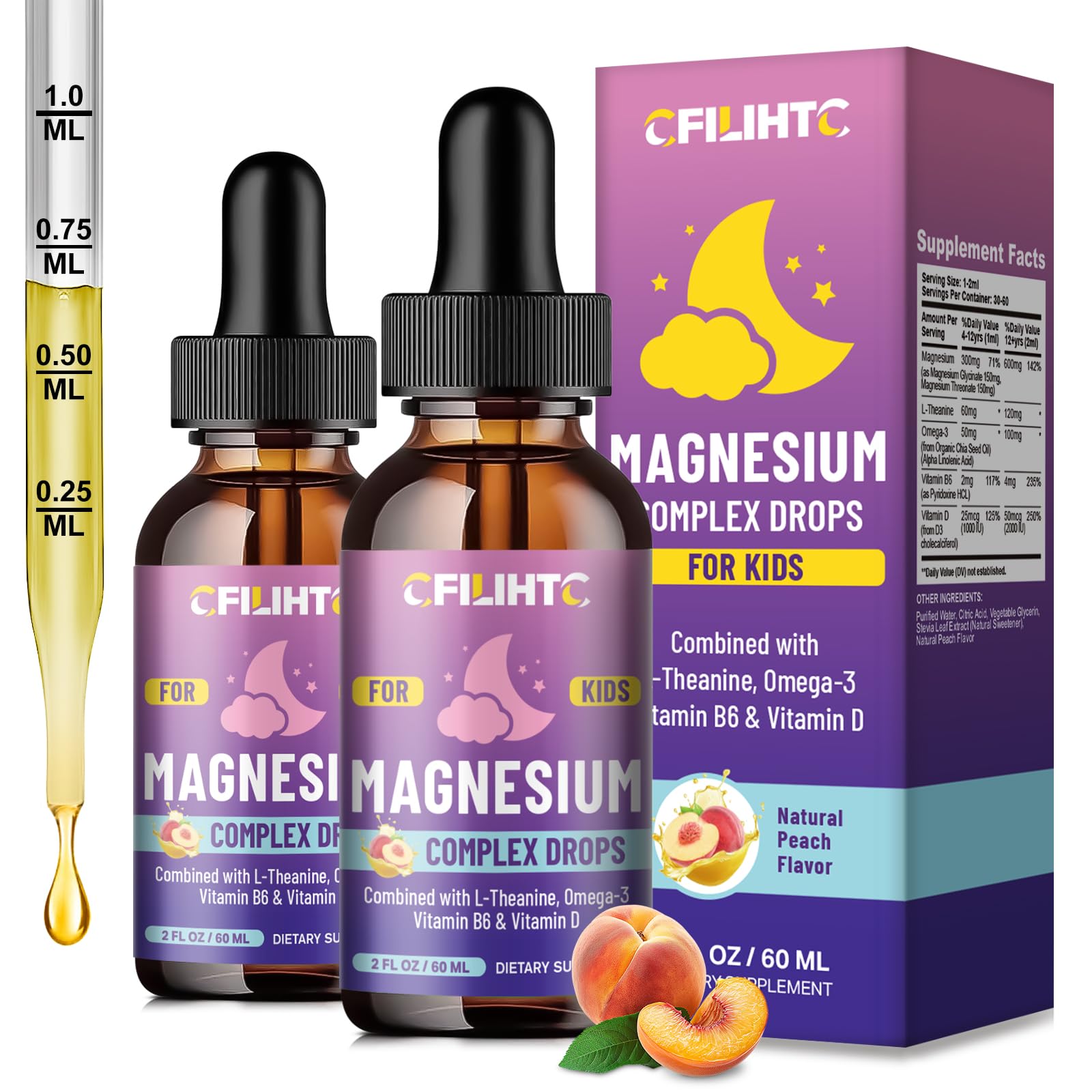 Kids Magnesium Liquid Drops-Magnesium Glycinate Liquid for Kids Supplement-w/L-theanine, Omega-3, Vitamin B6, D3 - for Sleep, Relaxation, Brain, Bones - Peach Flavor, 4 Fl Oz Peach 2 Fl Oz (Pack of 2)