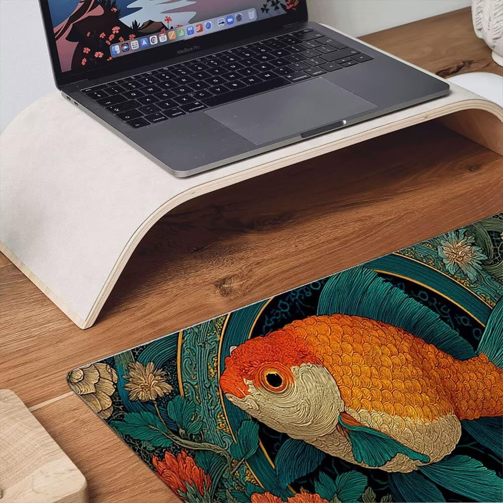 Duża podkładka pod mysz do gier XXL 1800 x 900 x 3 mm z zszytymi krawędziami, trwała antypoślizgowa podstawa z naturalnej gumy, zmywalna mata na klawiaturę, gry, dom biuro, złoty kwiat rybki xR6-396