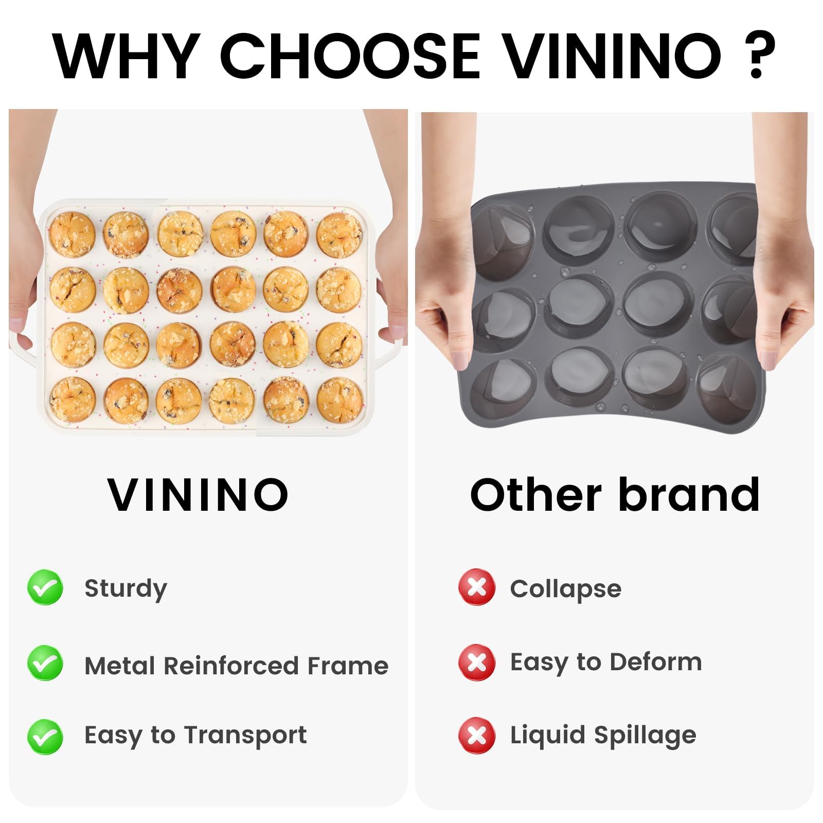 Vinino Mini moule à muffins avec cadre renforcé en métal, moule à cupcakes en silicone pour 24 tasses, mini taille, moule à muffins en silicone sans BPA, passe au four et au lave-vaisselle, crème