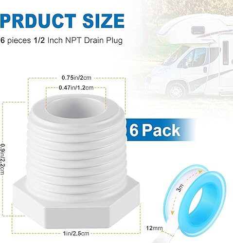 Miniatura 2 de Frienda 6 tapones de drenaje para calentador de agua caliente RV con cinta, tapón de drenaje NPT de 12 pulgada, tapón de drenaje de plástico blanco,