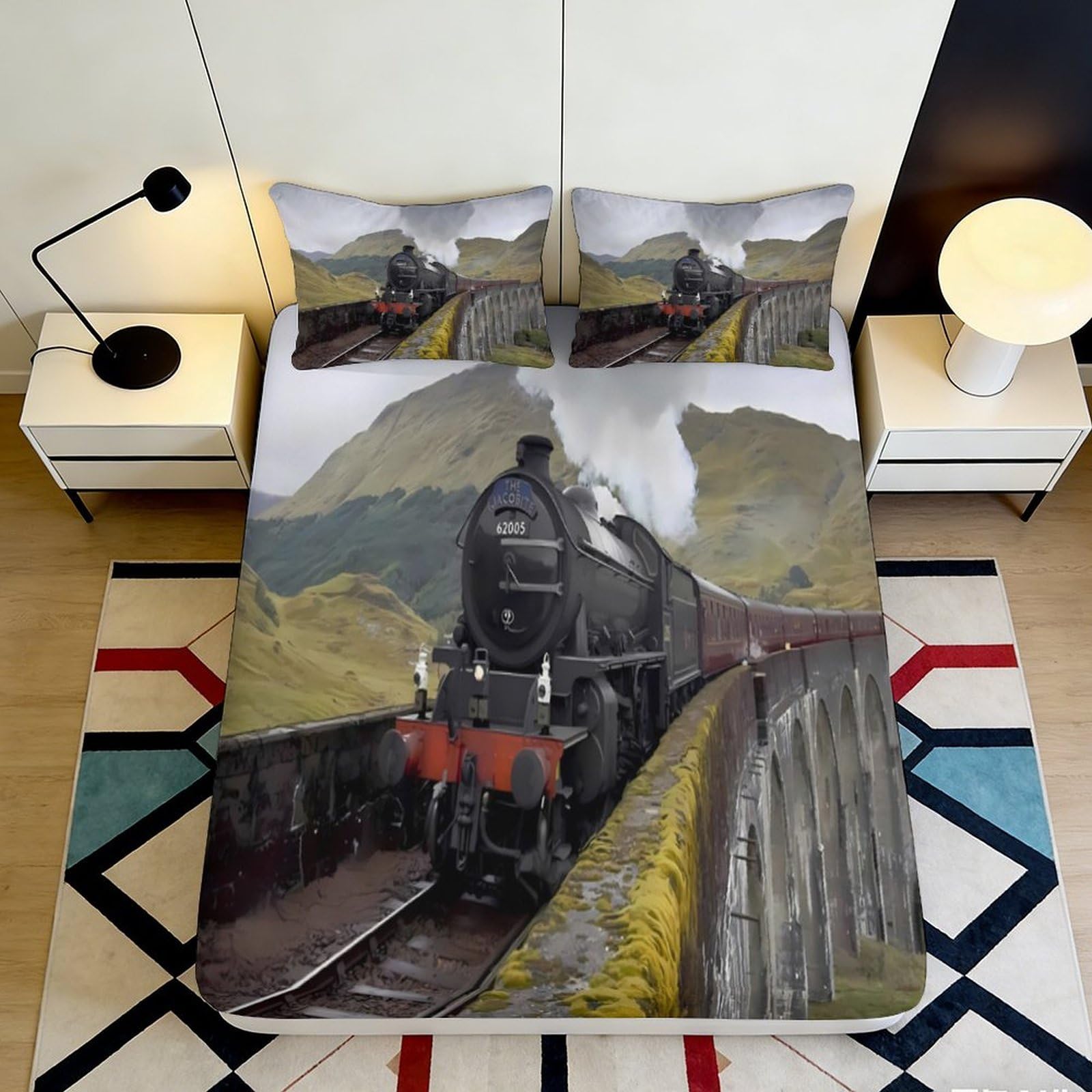 3D Printed Train Scenery Fitted Sheet Microfiber Elastic Non-Slip Deep Pocket Bedroom Train Mattress Fitted Cover 200x200x25cm