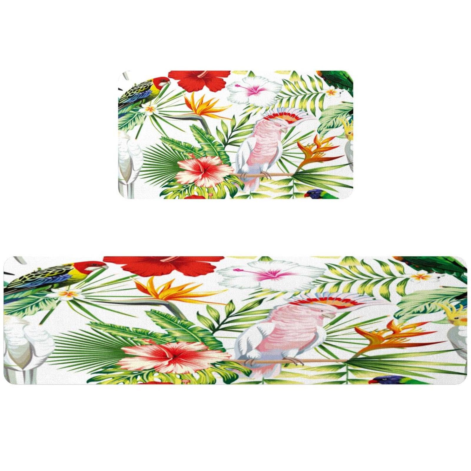 Alfombrillas de cocina absorbentes para pasillo y cuarto de lavado con estampado de loro tropical