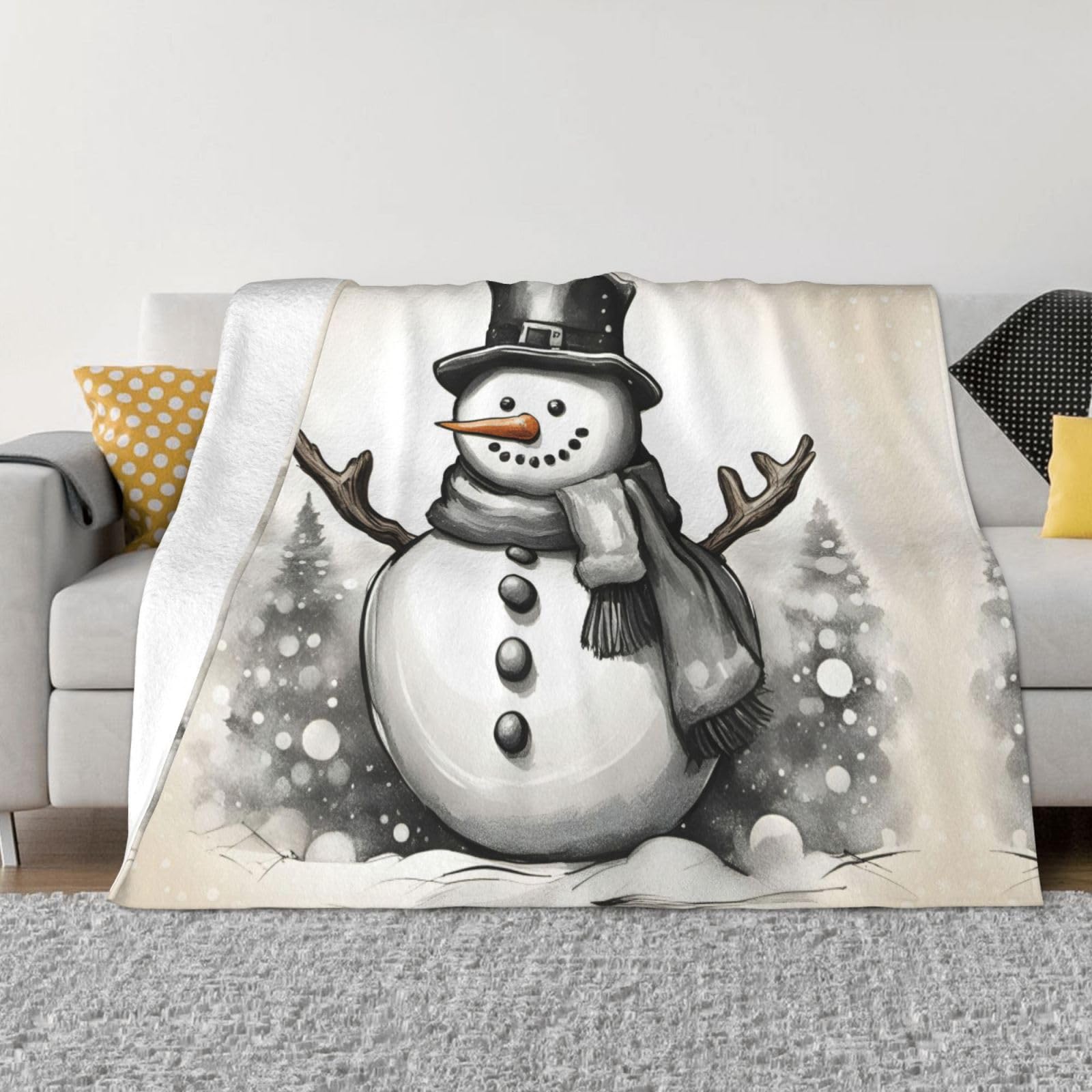 Couverture en flanelle douce motif bonhomme de neige pour lit et canapé