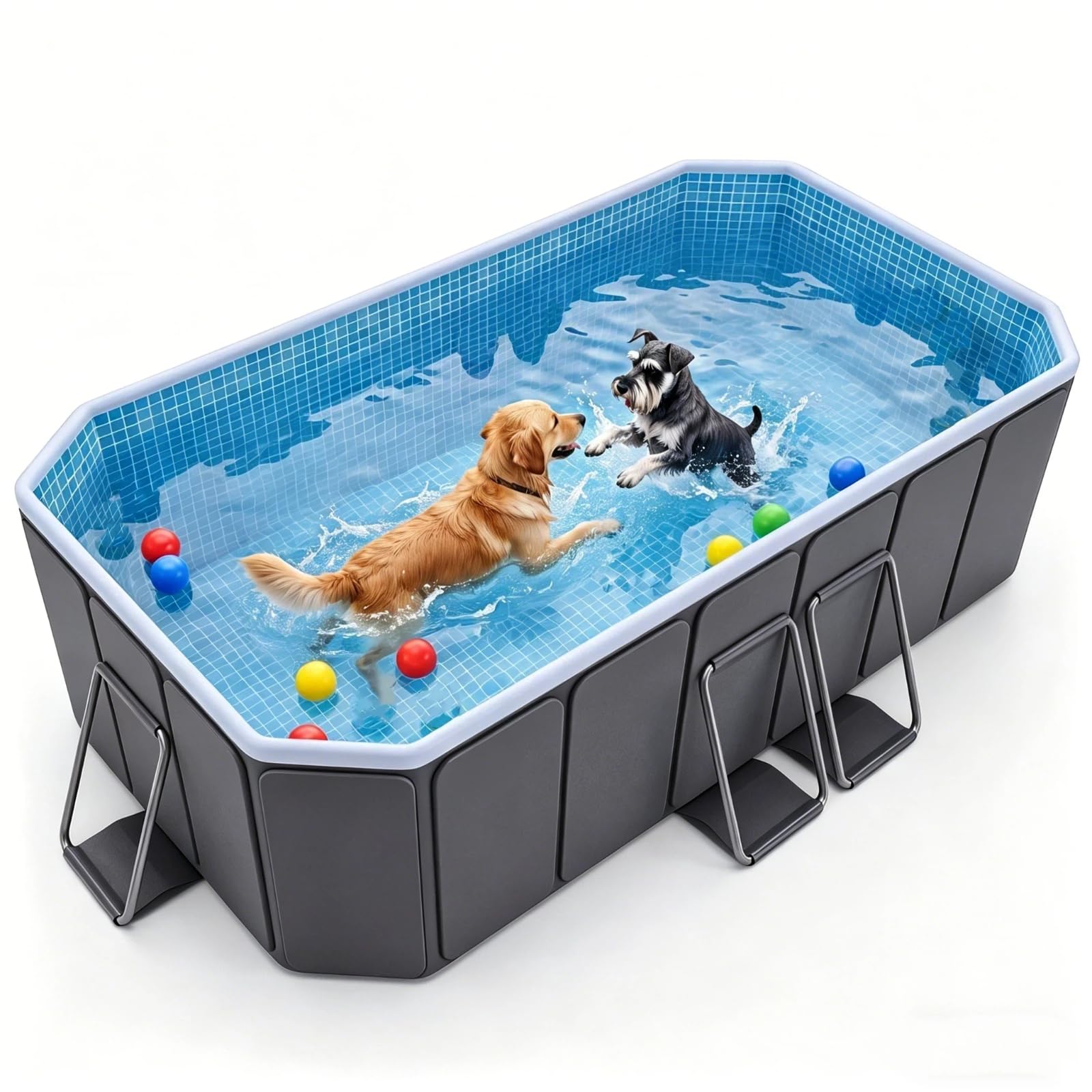 Piscina grande para perros grandes, tamaño exterior 200 x 135 x 50 cm, piscina plegable de lado duro con marco de acero, piscina no inflable para mascotas, fácil drenaje, puerto de filtro, gris