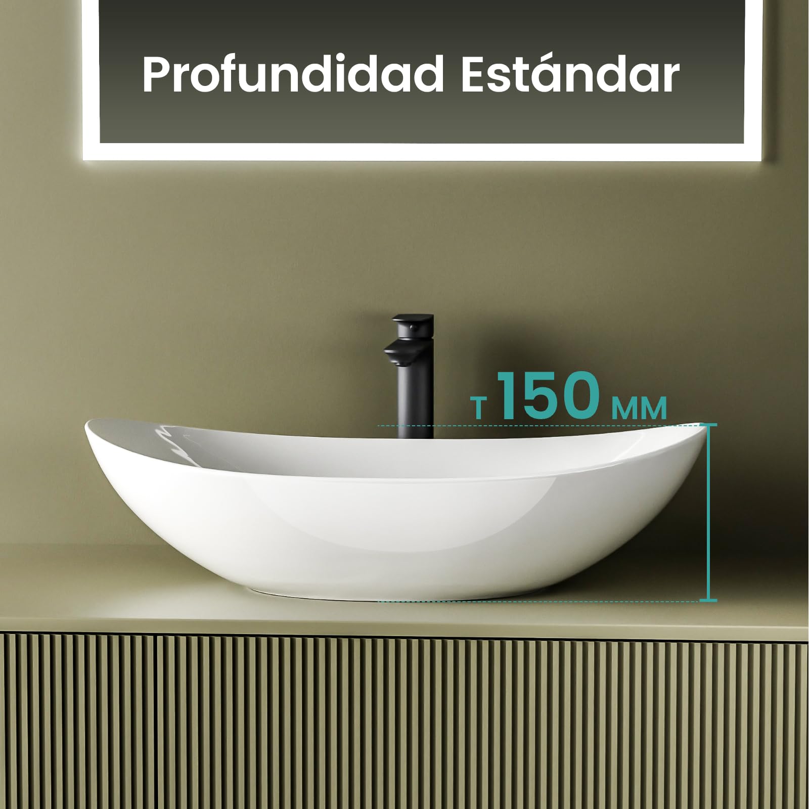 EMKE Lavabo para montar 615 x 360 x 155 mm,Blanco Brillante | Lavabo ovalado de cerámica para baño, instalación sobre encimera, lavabo para baño y WC de invitados