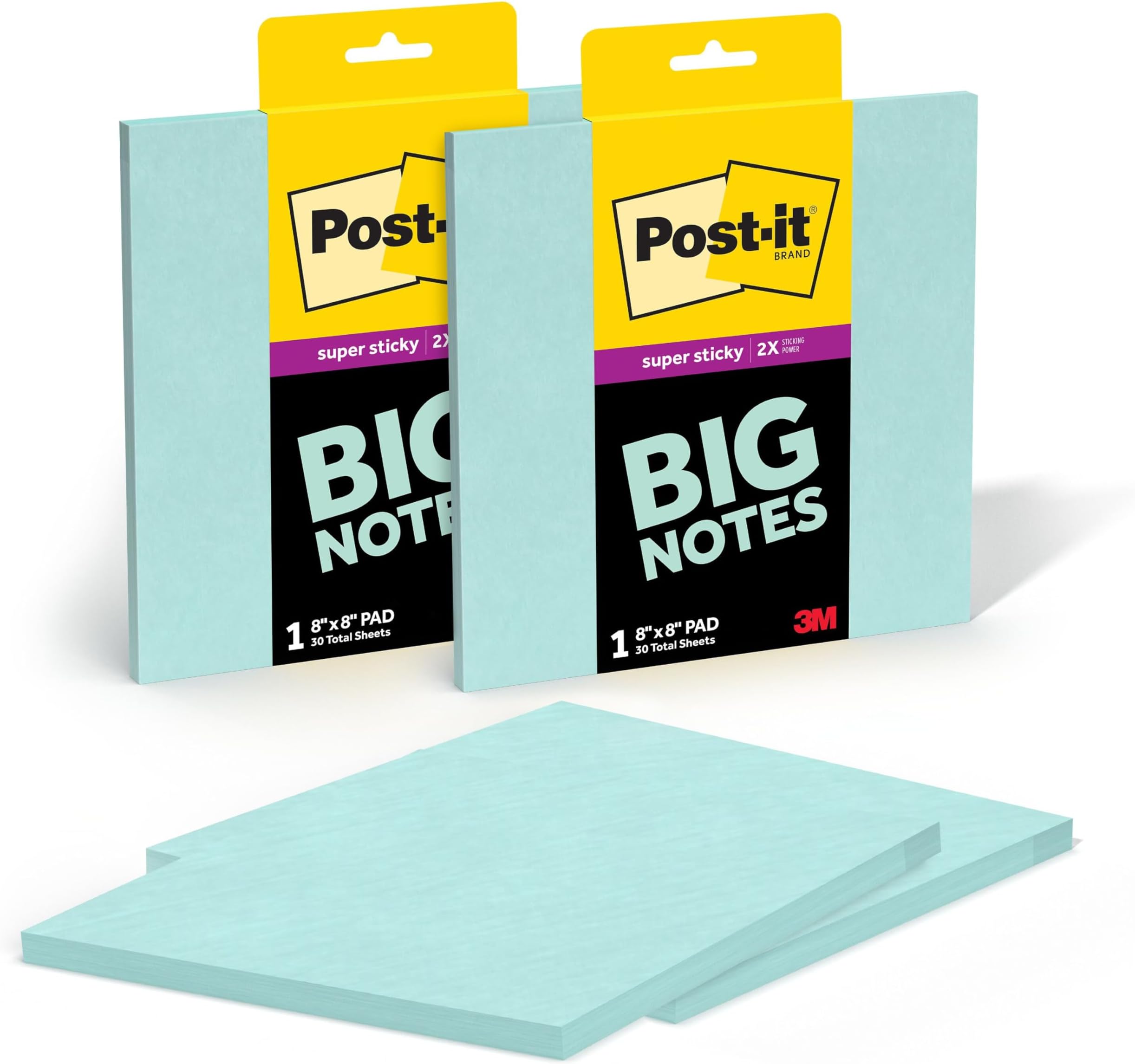 Post-it Super Sticky Big Notes, 8 in. x 8 in., Extra Large Sticky Notes in Fresh Mint, 2 Pads, 60 Sheets Total, Great for Vision Boards, Creative Projects, Study Spaces, Group Brainstorming, and More
