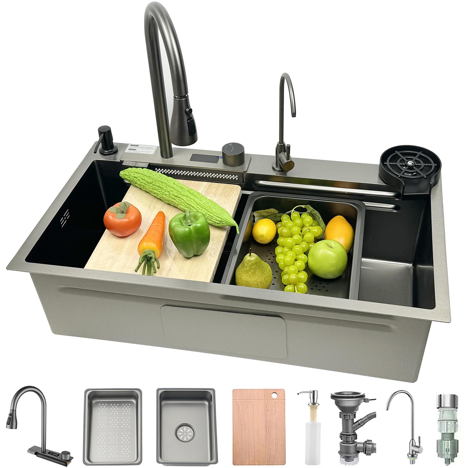 ZQFHSX Waterfall Kitchen Sink, 80 x 45 cm, 1 Stainless Steel Sink in Black, Anthracite with Left Faucet, Drainage Component, Drain Basket, Tub