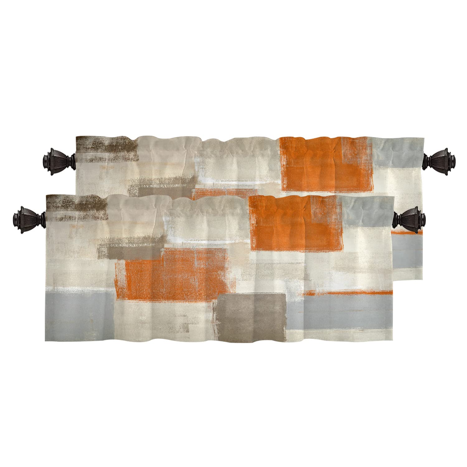 BaoNews Beige Abstract Art Kitchen Valances for Windows,Orange Painting Blackout Valances Curtains Multilayer Polyester Drapes for Kitchen Bedroom 2 Pack 52X16 Inches