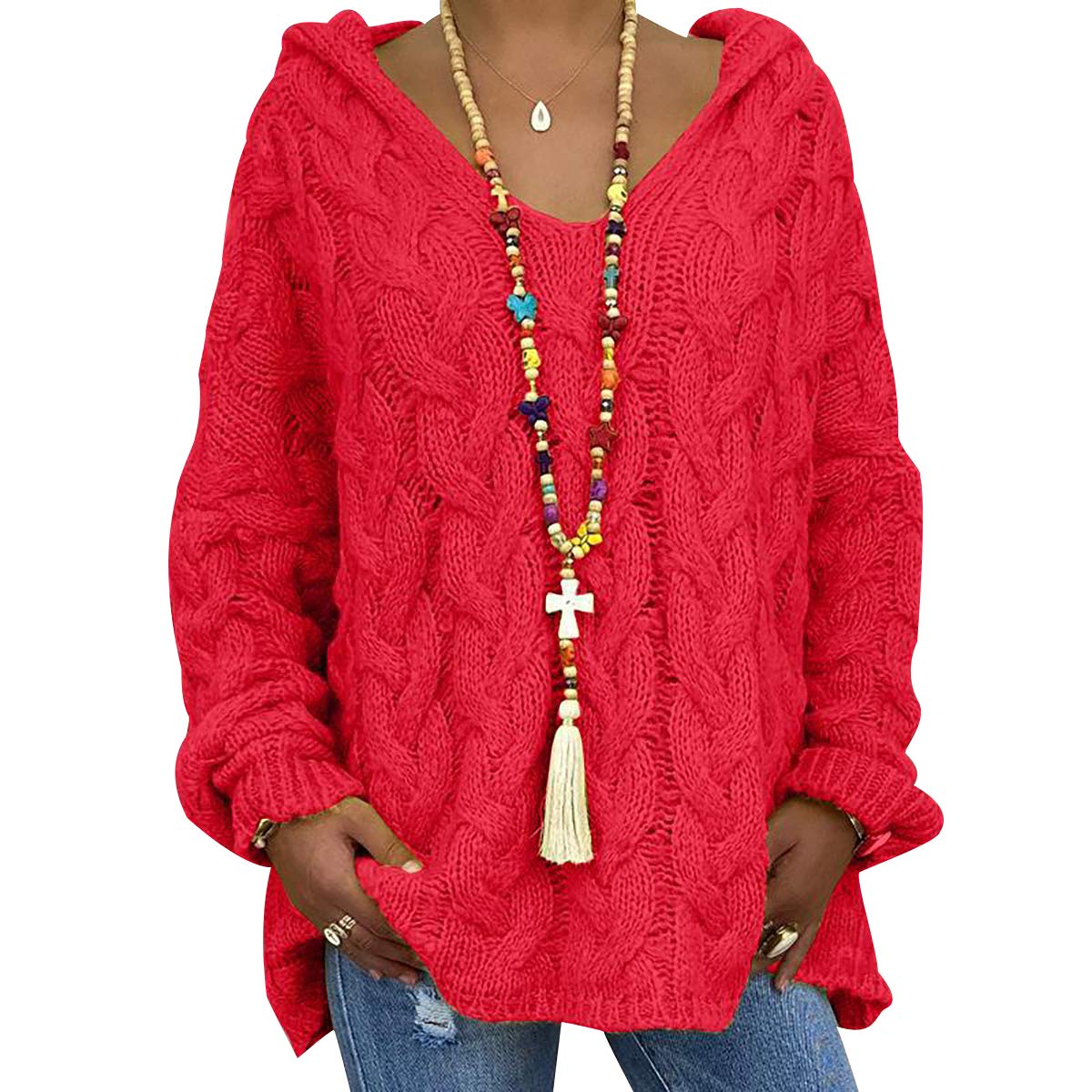 Peuignao Women's Red Oversized Cable Knit V-Neck Jumper - Long, Baggy, Fluffy, Knitted Hooded Pullover Sweater - Xl