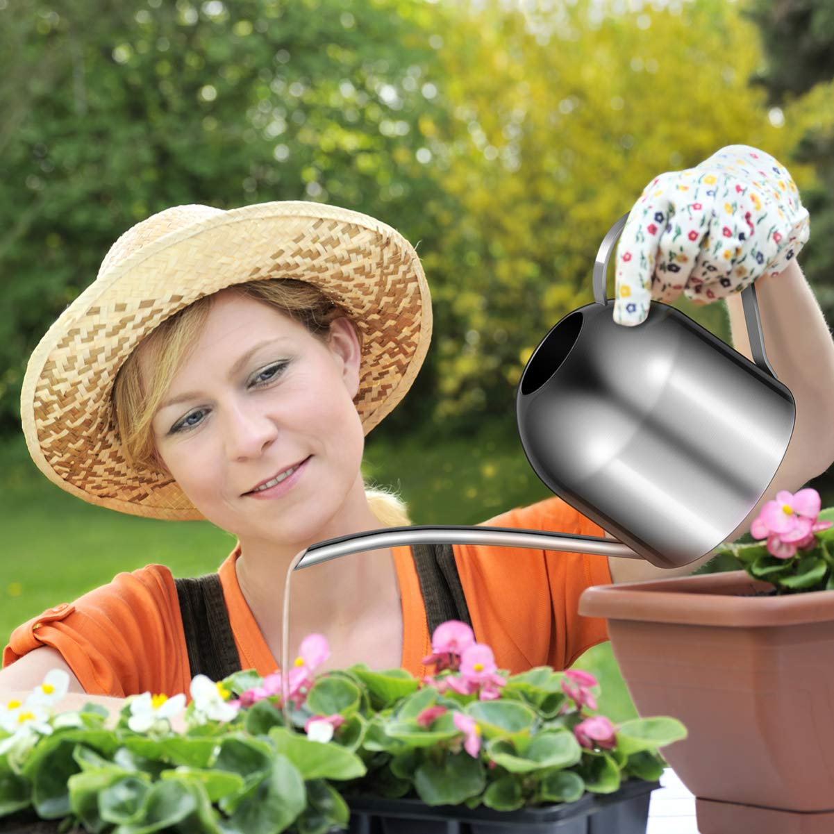 Yardwe 1 annaffiatoio in acciaio inox per piante da interni o da casa, con beccuccio lungo da giardino, 1000 ml, piccolo vaso di irrigazione (argento)