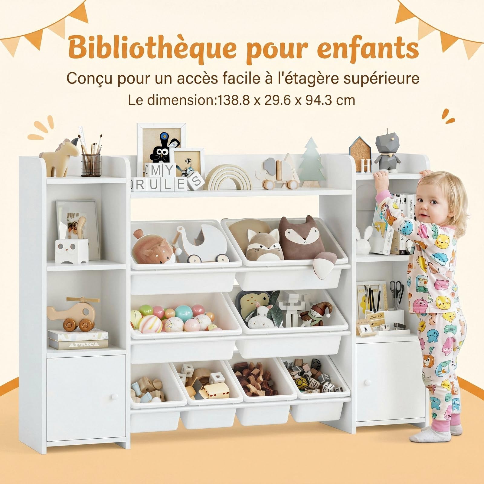 FOREHILL Meuble de Rangement Jouets Enfant Bibliothèque Enfant avec 8 Boîtes Amovibles 9 Étagères Organisateur de Jouets pour Chambre d’Enfant Salle de Jeu Blanc