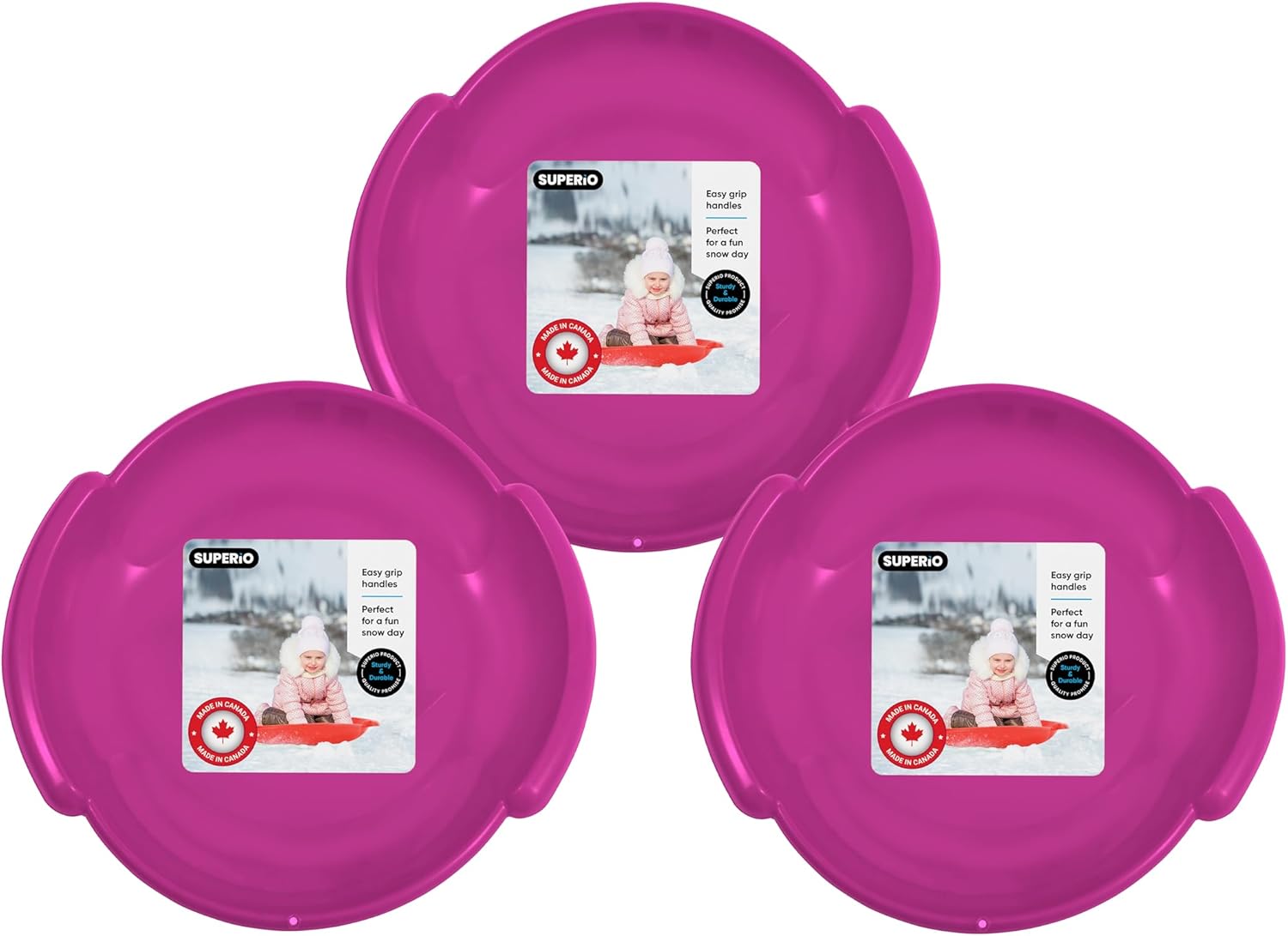 Superio Round Snow Saucer Sled- 24" Plastic Disc Sled for Kids and Adults- Heavy Duty Sled with Handles for Downhill Sledding, Winter Outdoor Sports
