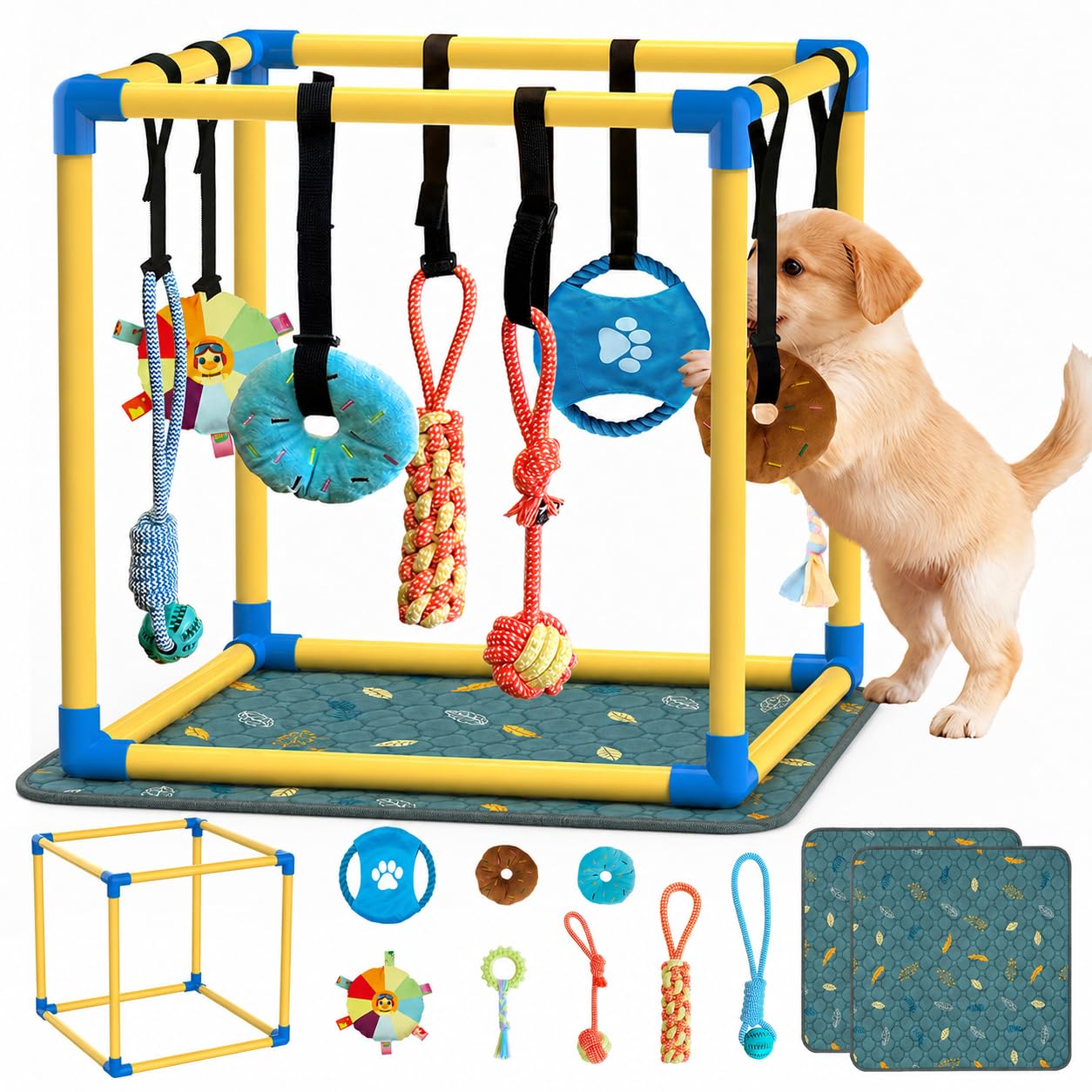 Puppy Play Gym with Pee Pads & 8 Toys (Yellow,19.6″ x 19.6″ x 19.6″‌)
