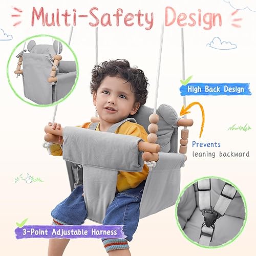 Miniatura 3 de Columpio para bebé para interiores y exteriores, asiento de columpio de madera de lona segura, arnés de seguridad ajustable de 3 puntos, accesorios