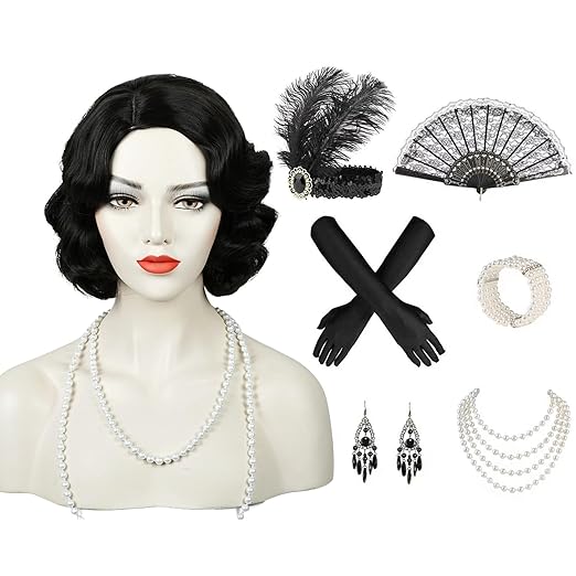 Amazon.com: Probeauty Black 1920s Wig for Women Short Finger Curly Wavy ...