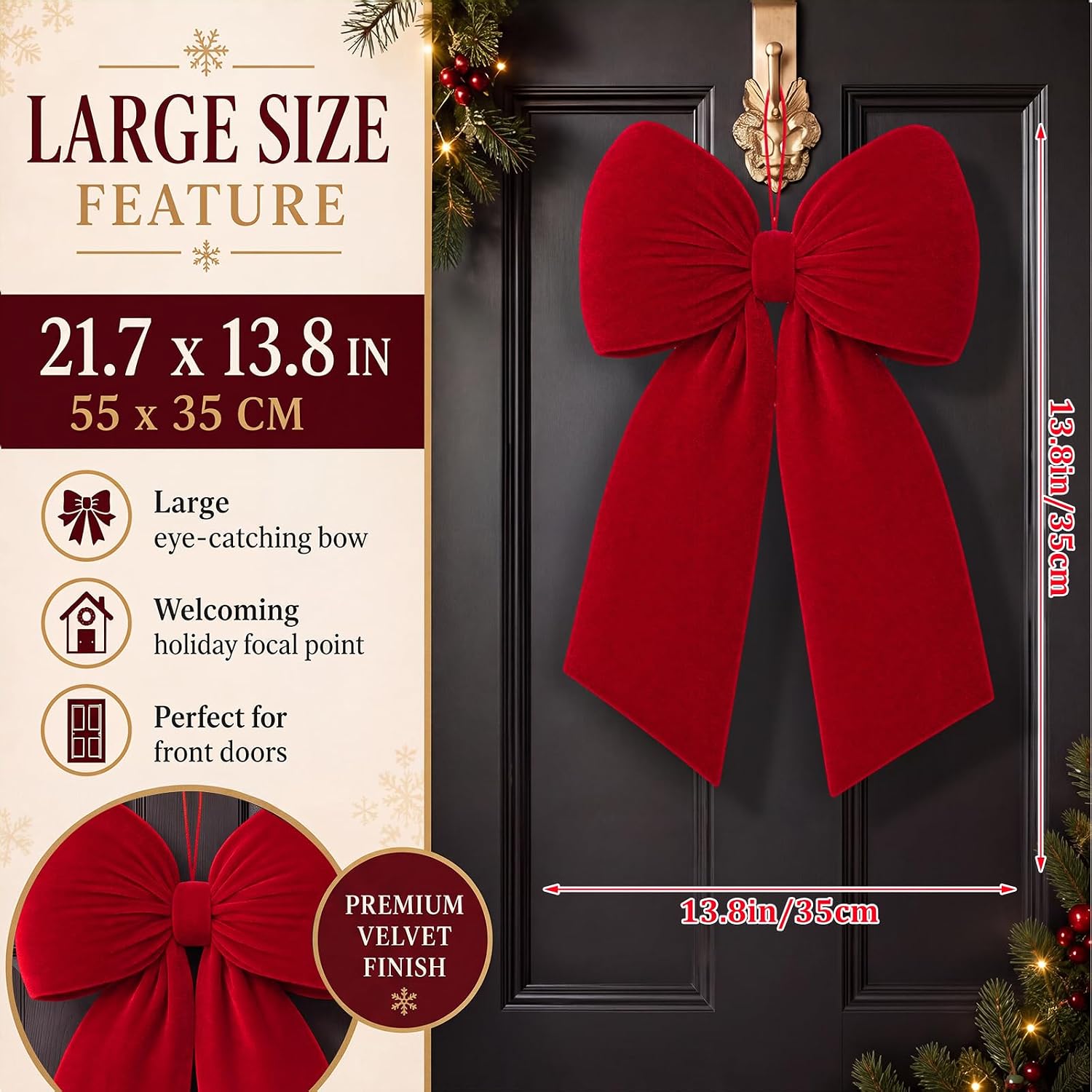 3D Christmas Burgundy Velvet Bow for Front Door, 21.7 x 13.8 Inch