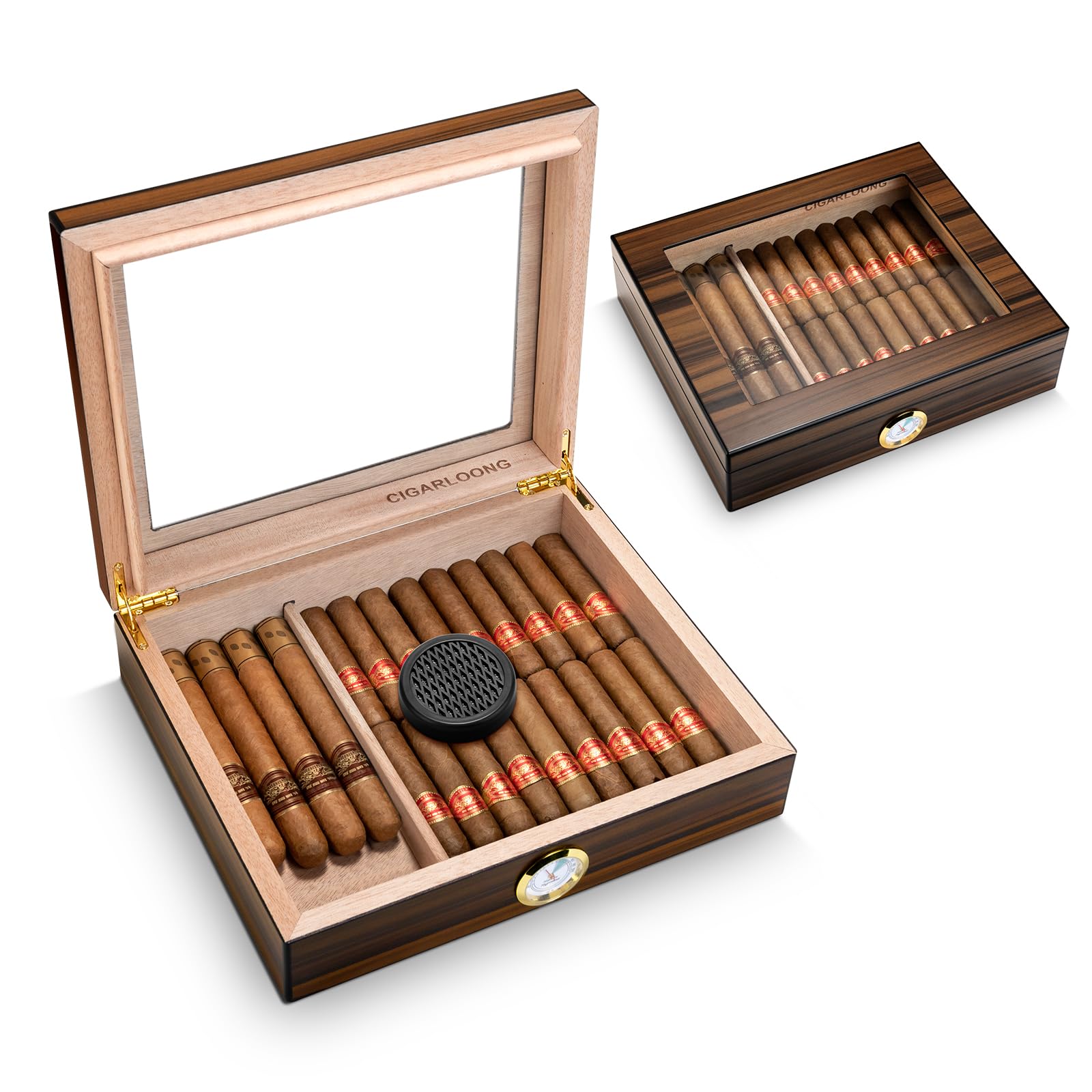 CLZOONG Cigar Humidor Spanish Cedar,Elegant Cigars Humidor Case with Humidifier and Hygrometer, Desk Humidor with Tempered Glass Top, holds 20-30 Cigars(S)