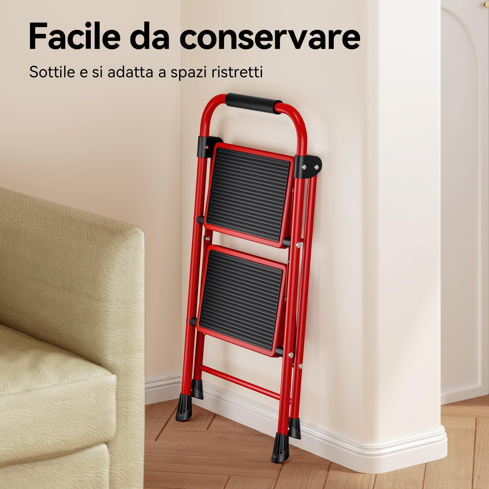 KINGRACK Scala a 2 gradini, scala pieghevole con pedale antiscivolo e largo, scala piccola con maniglia, in acciaio robusta, leggera e portatile, rossa