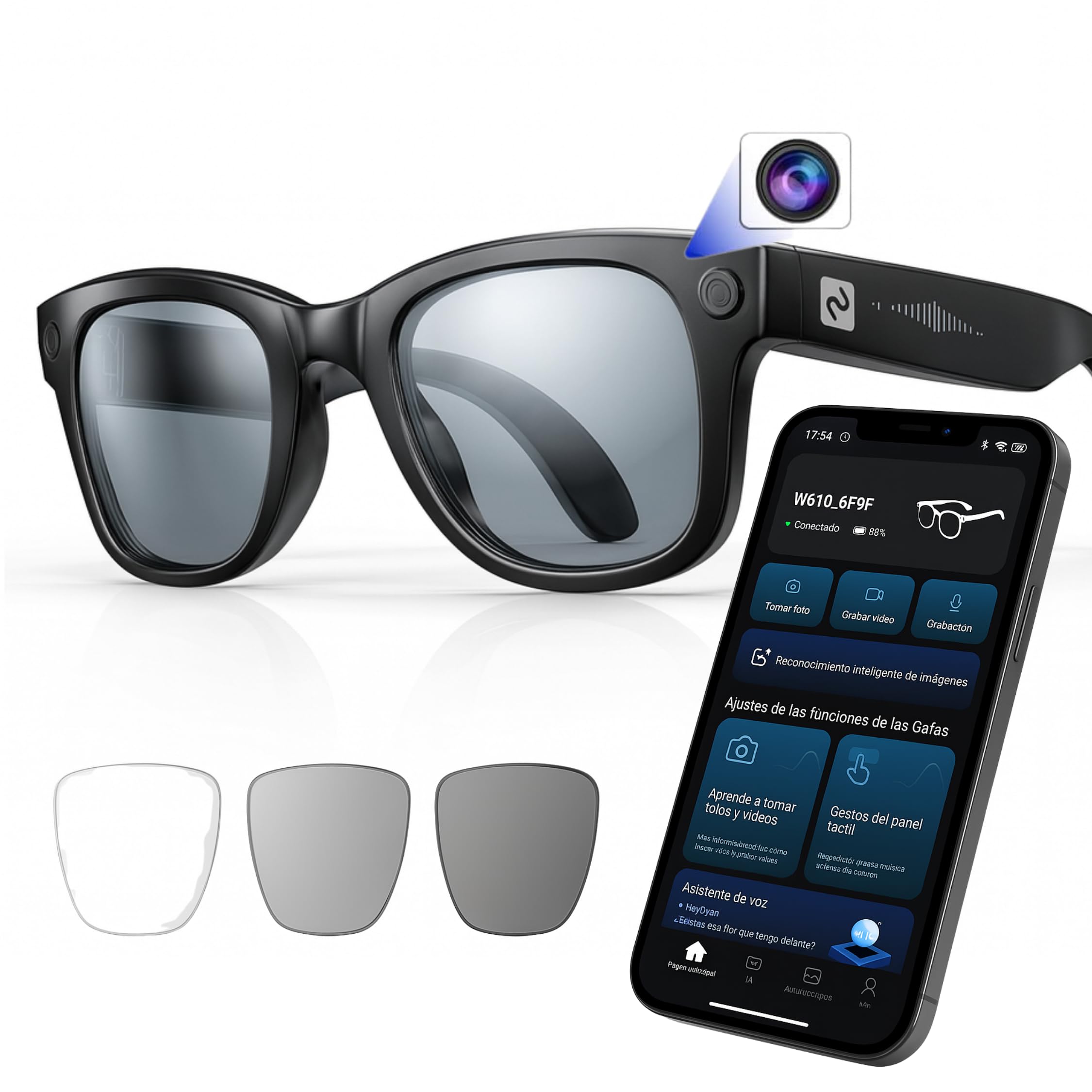 smartia smartia – Gafas Inteligentes con cámara, App incluida español, Gafas Bluetooth Manos Libres con IA GPT 5 integrada por Voz, Smart Glasses fotocromáticas y Traducción en 20 Idiomas, cámara de 33 MP 4K