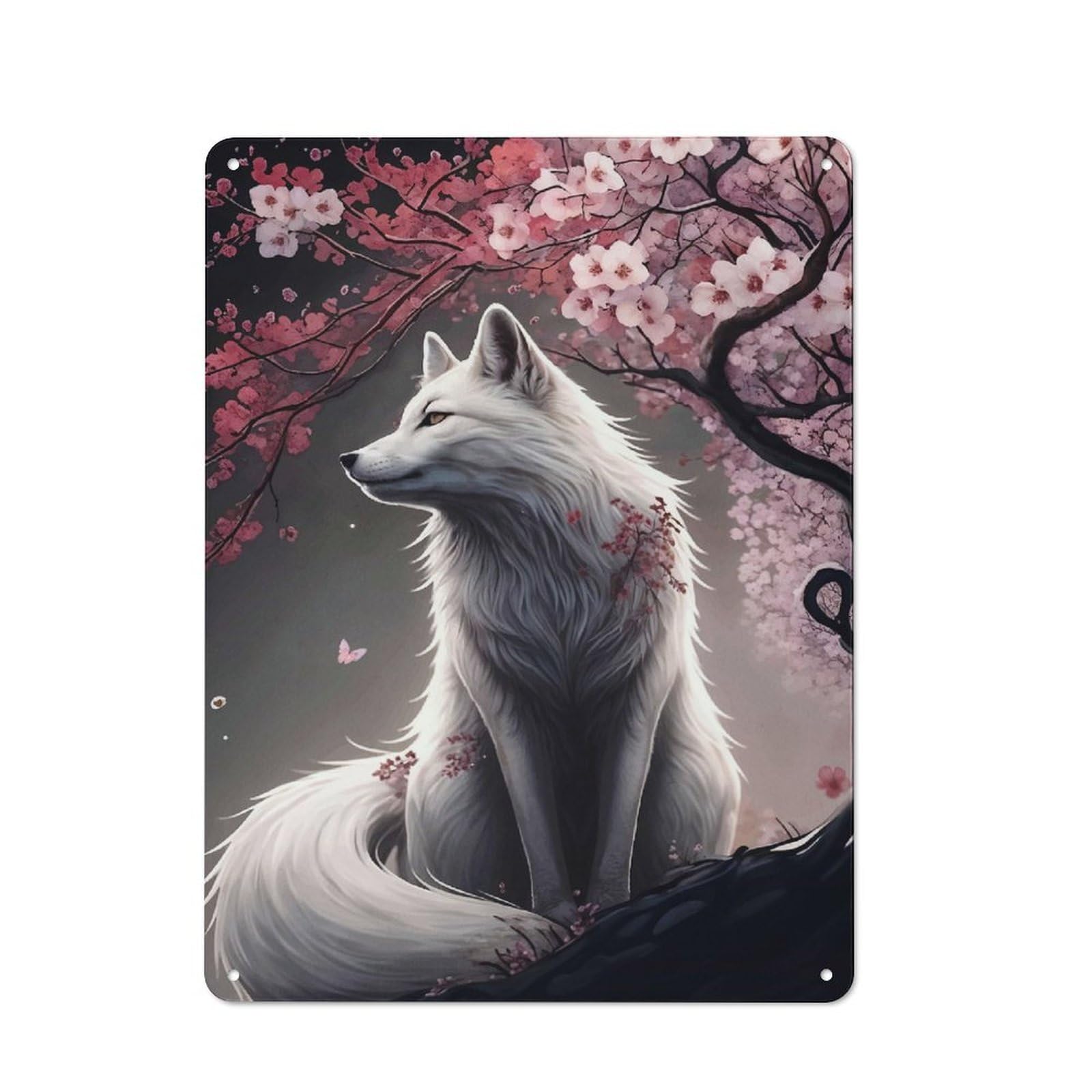 Junmoney Wolf Cherry Blossom Animal Metal Wall Sign 40X30cm Featuring For Garage Or Workshop, For Garage, Workshop And Man Cave Decoration
