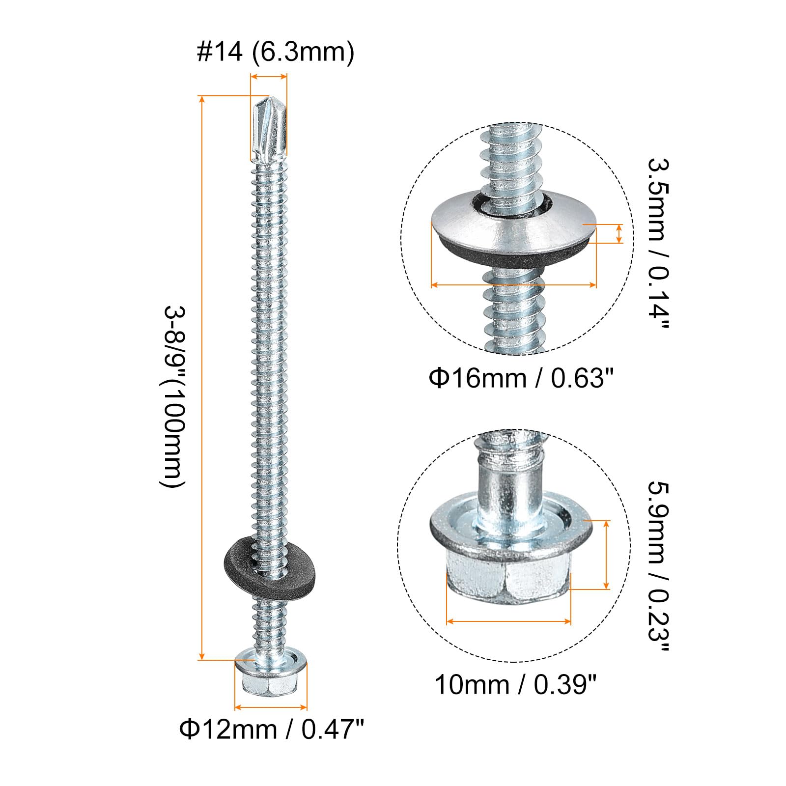 QUARKZMAN #14x3-8/9" Tornillos Autoperforantes con Arandela de Goma, 200Pcs Tornillos Autoroscantes con Cabeza Hexagonal Y Acabado Zincado con Arandela EPDM para Metal