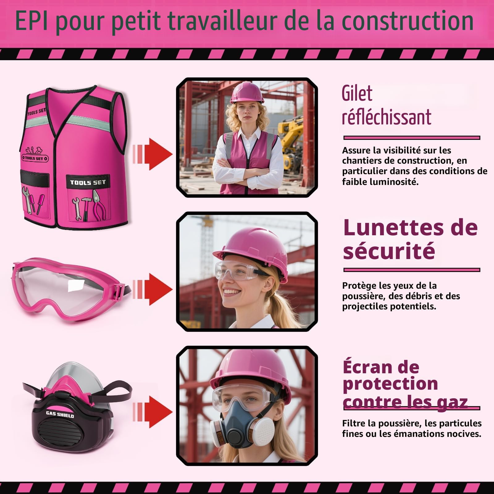 KidBloom Jouet Fille 3 Ans, Boite a Outils Enfant Rose avec Perceuse Électrique, Boîtes à Outils & Gilet, Jouet Enfant 3 4 5 Ans Fille
