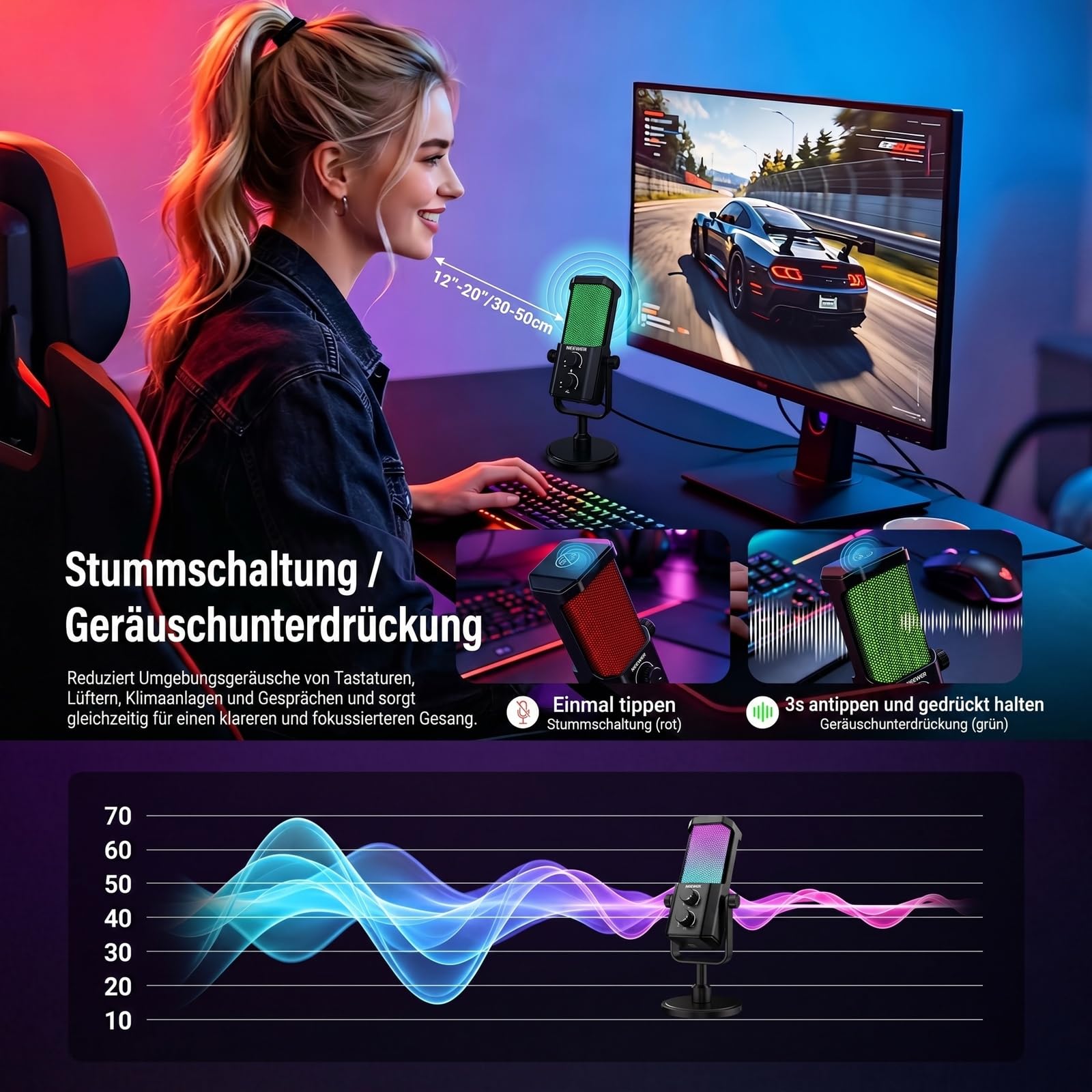 NEEWER UM01 USB Mikrofon mit AI Rauschunterdrückung, Plug & Play Kondensatormikrofon mit Nierencharakteristik und RGB, Stummschaltung/Musik Sync/App Steuerung für Android Windows PC Mac PS4/5
