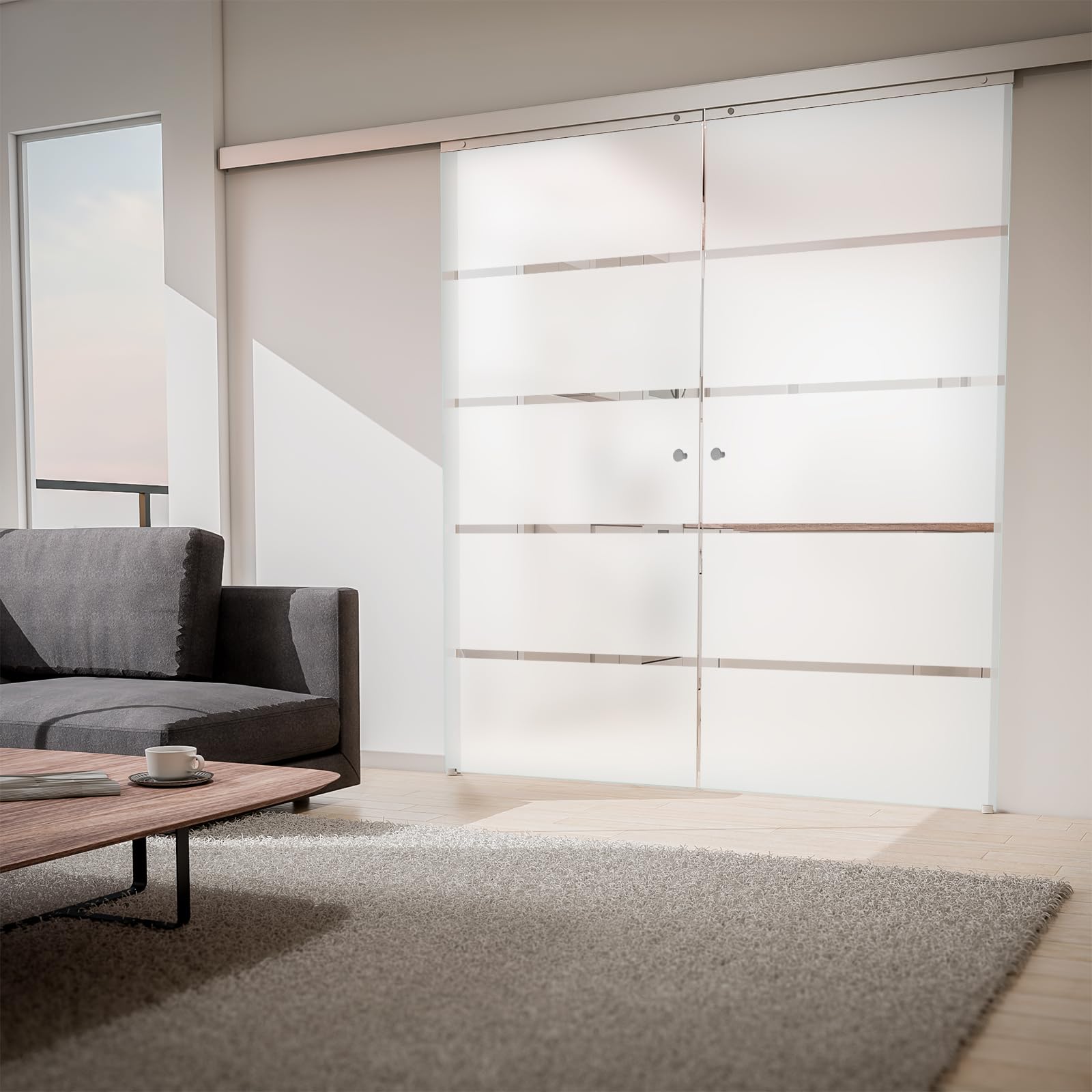 inova Doppel Glas-Schiebetür 2-Flügelig 1760 x 2035 mm blockstreifen Alu Komplettset mit Lauf-Schiene und Griffknopf