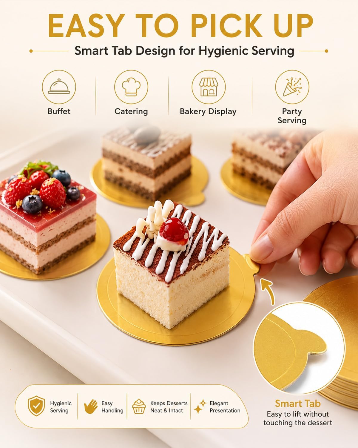 200 Pcs Gold Mini Cake Boards Round - 3.1 Inch Small Cake Base Cardboard with Tab, Greaseproof Mousse Cake Trays for Pastry, Cupcake, Dessert Display, Wedding & Catering (Disposable & Sturdy)