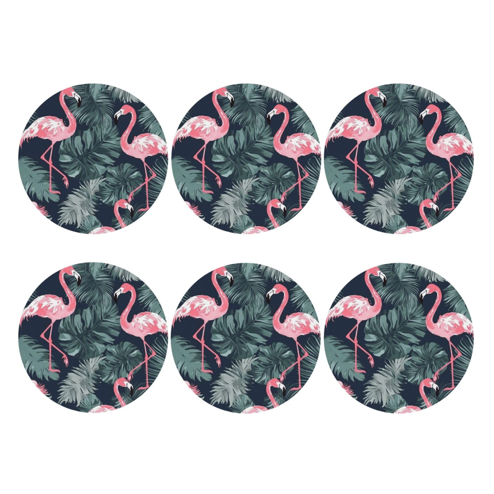 6pcs Leather Coasters for Drinks, Flamingo and Leaves Drink Coasters for Tabletop Protection, 4" Cup Coasters for Coffee Table Decor, Non-Slip Drinking Cup Mat for Hot Or Cold Drink