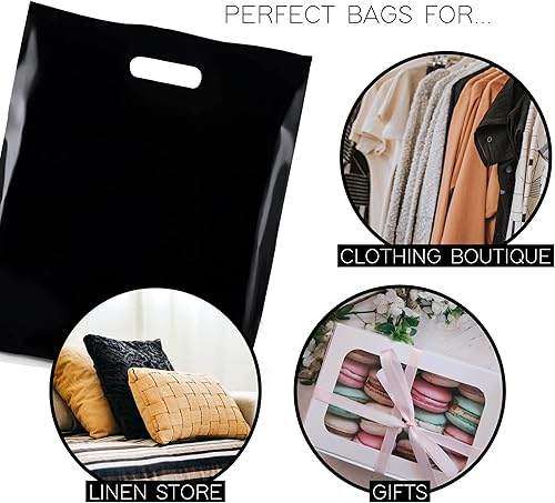 Miniatura 4 de Purple Q Crafts Bolsa de plástico con asa troquelada de 15 x 18 pulgadas, bolsas de plástico negro para mercancía, paquete de 50 para venta al por