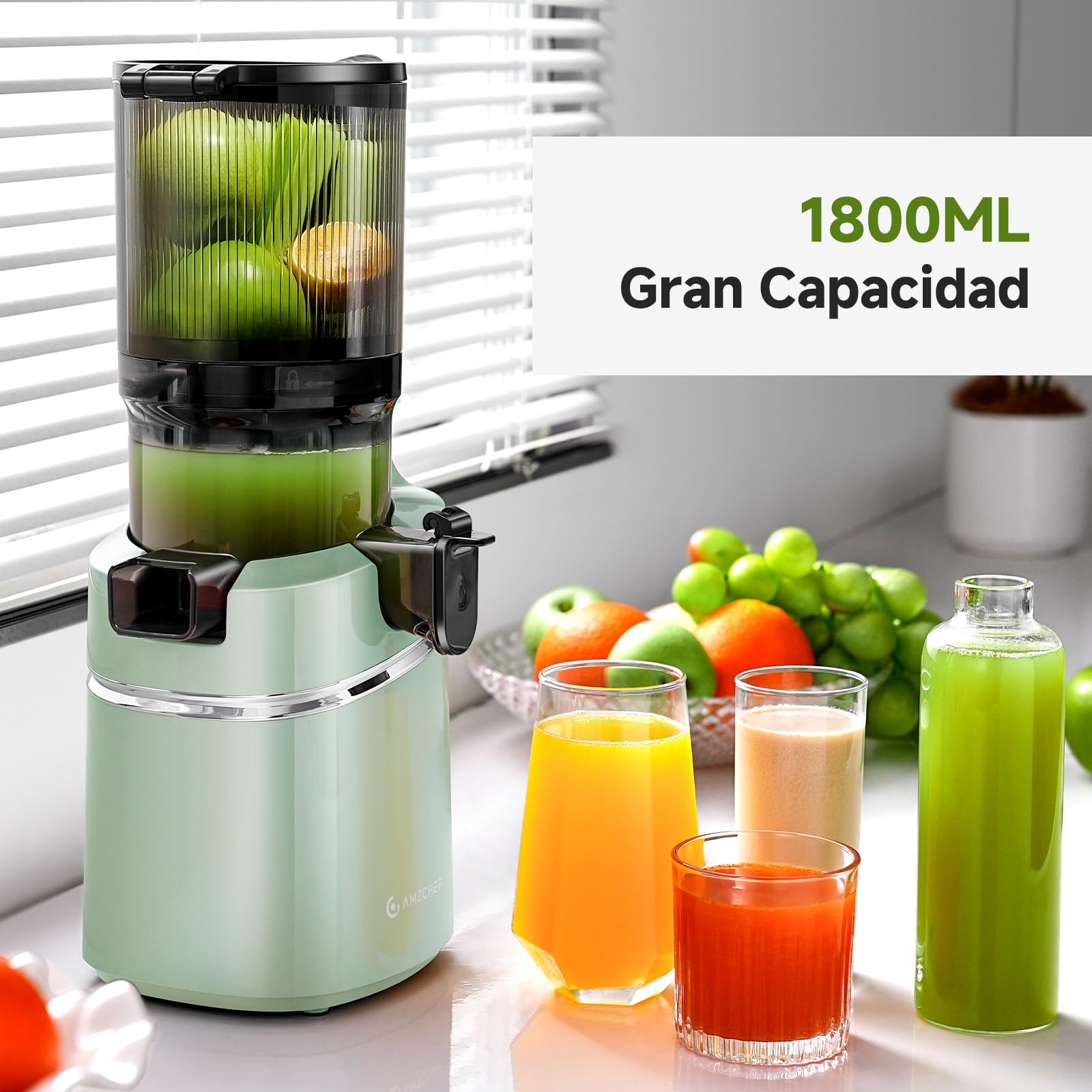 AMZCHEF Extractor de jugo automático con manos libres, apertura de 135 mm y capacidad de 1,8 L, extractor de zumo de frutas y verduras enteras, extractor de jugo lento de 250 W con triple filtro-Verde