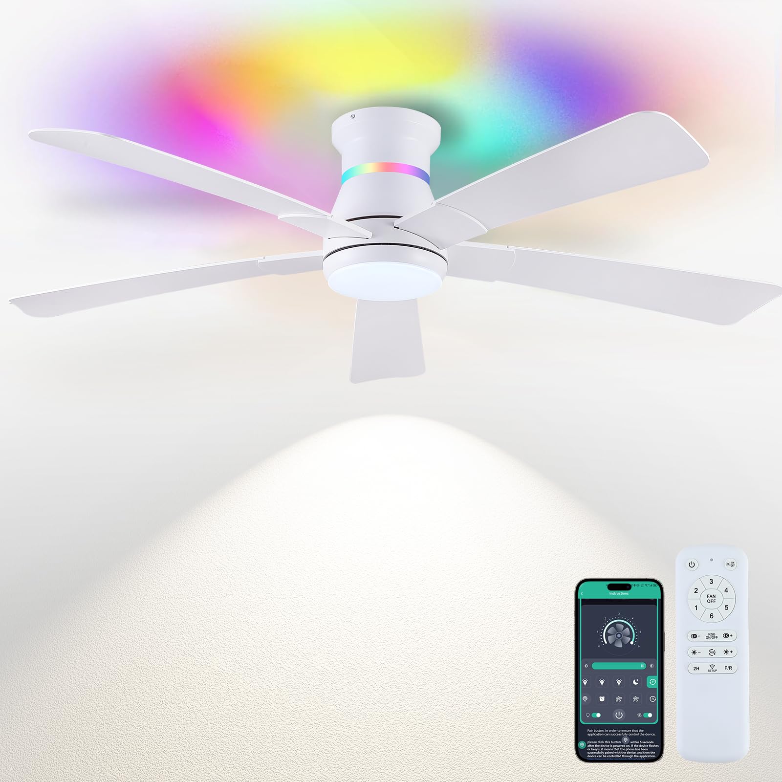 Surtime 52" White Ceiling Fans with RGB Lights - Flush Mount Ceiling Fan Light with LED 3CCT Dimmable, Modern Low Profile Ceiling Fans for Indoor Party,Covered Outdoor