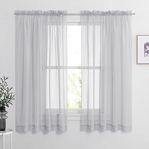 Miniatura 2 de NICETOWN 2 paneles de cortinas transparentes con bolsillo para barra de 60 x 63 pulgadas, color gris claro con 1 bolsillo para barra de 79 x 40