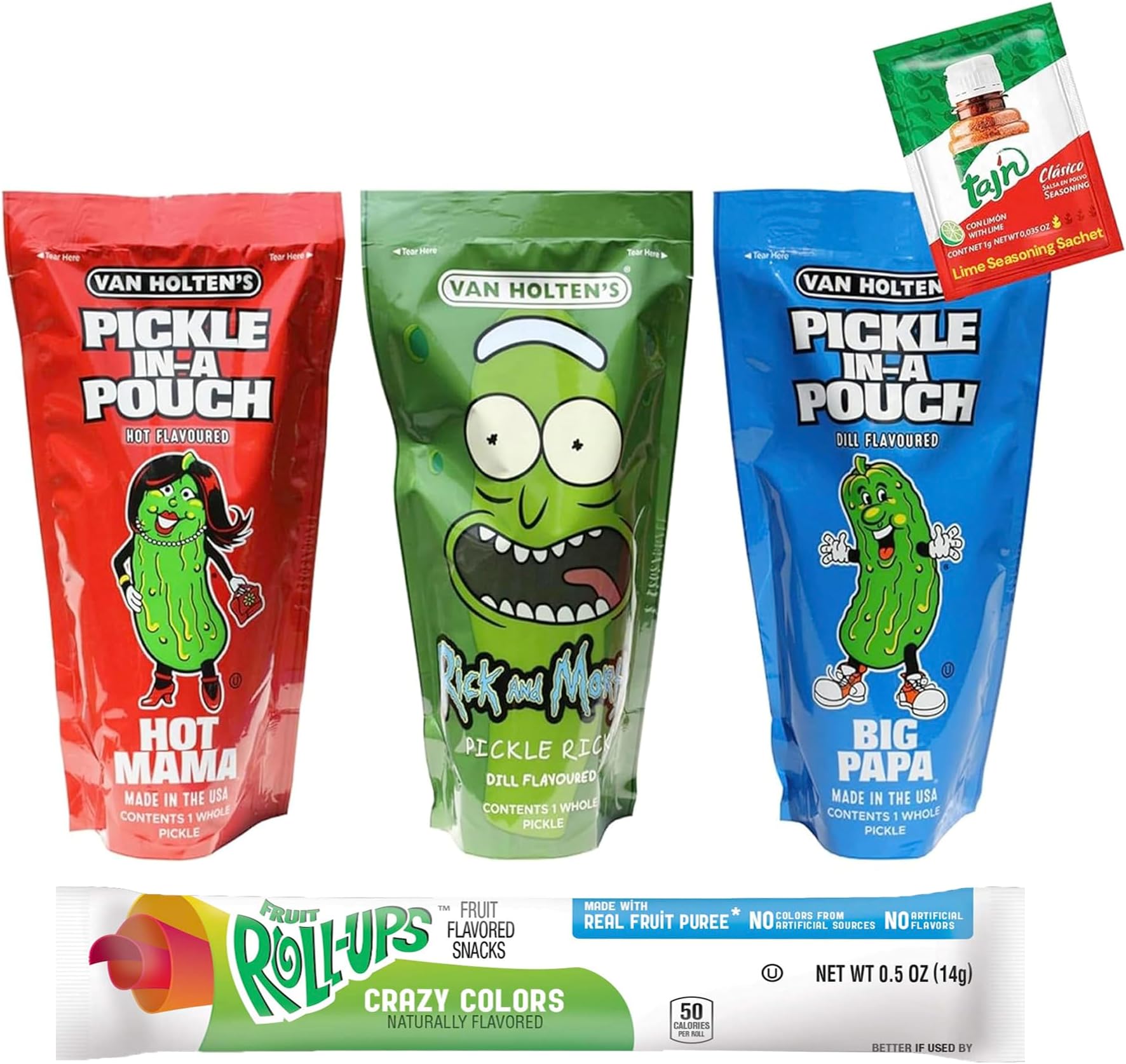 Van Holtens Pickle In A Pouch Assorted Pack (Pickle Rick, Hot Mama, Big Papa) - 306g with Fruit Roll & Lime Seasoning