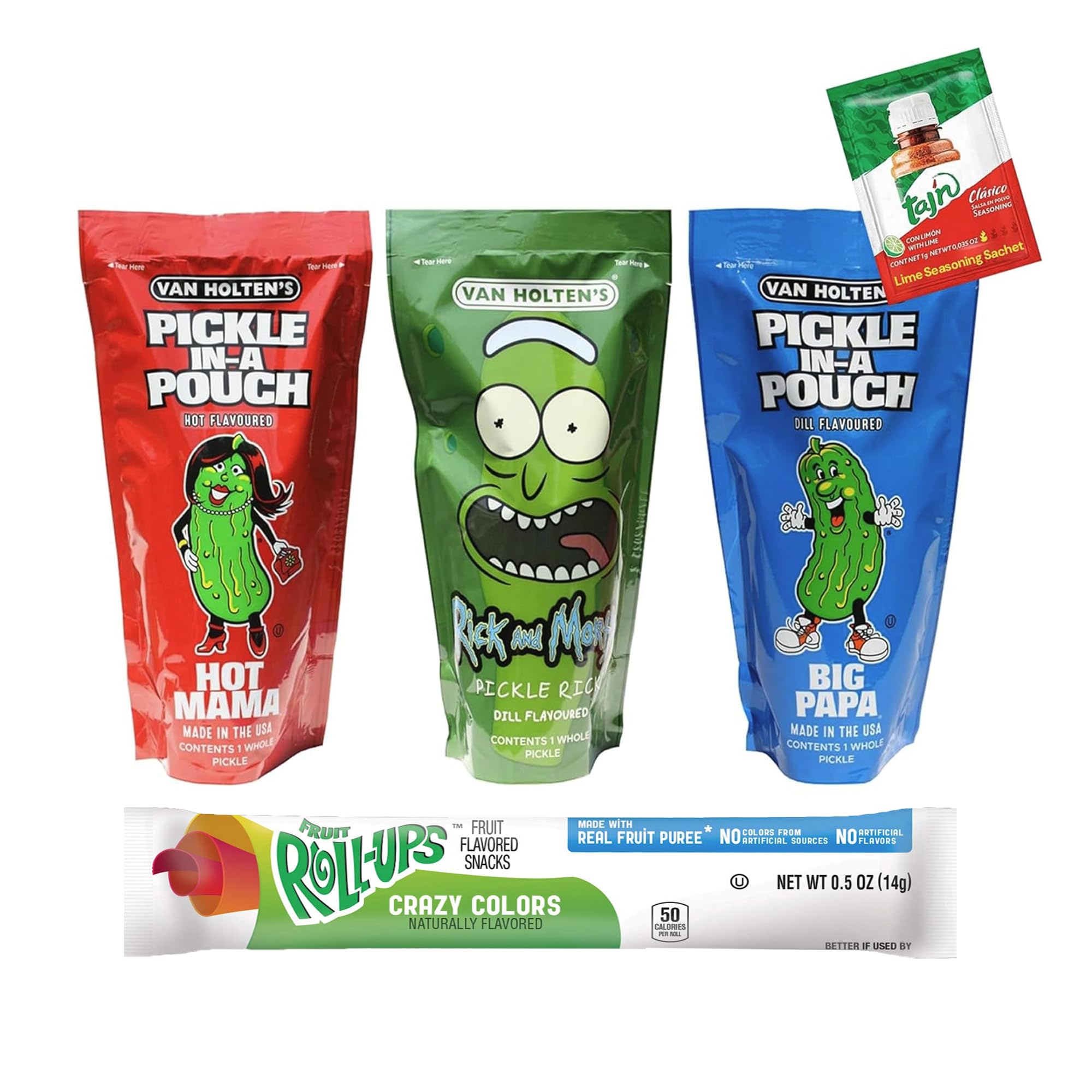 Van Holtens Pickle In A Pouch Assorted Pack (Pickle Rick, Hot Mama, Big Papa) - 306g with Fruit Roll & Lime Seasoning
