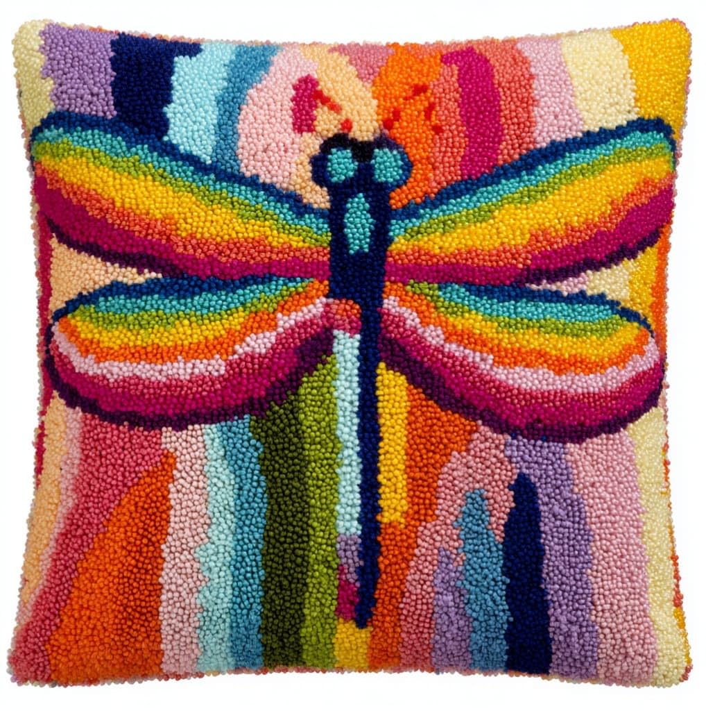 AxiangziK Latch Hook Kits 17x17in,Colorful Dragonfly Latch Hook Craft Decorative Tapestry DIY Needlework Rug Kits for Beginners Children Adults and Seniors