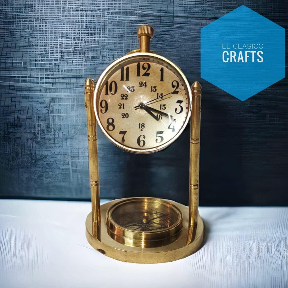 Brass Dome Lens Table Desk Clock with Compass Office Desk Decor Vinatge Maritime Shinny Brass Table Clock for Bedroom, Kitchen Decorative, Living Room Decor