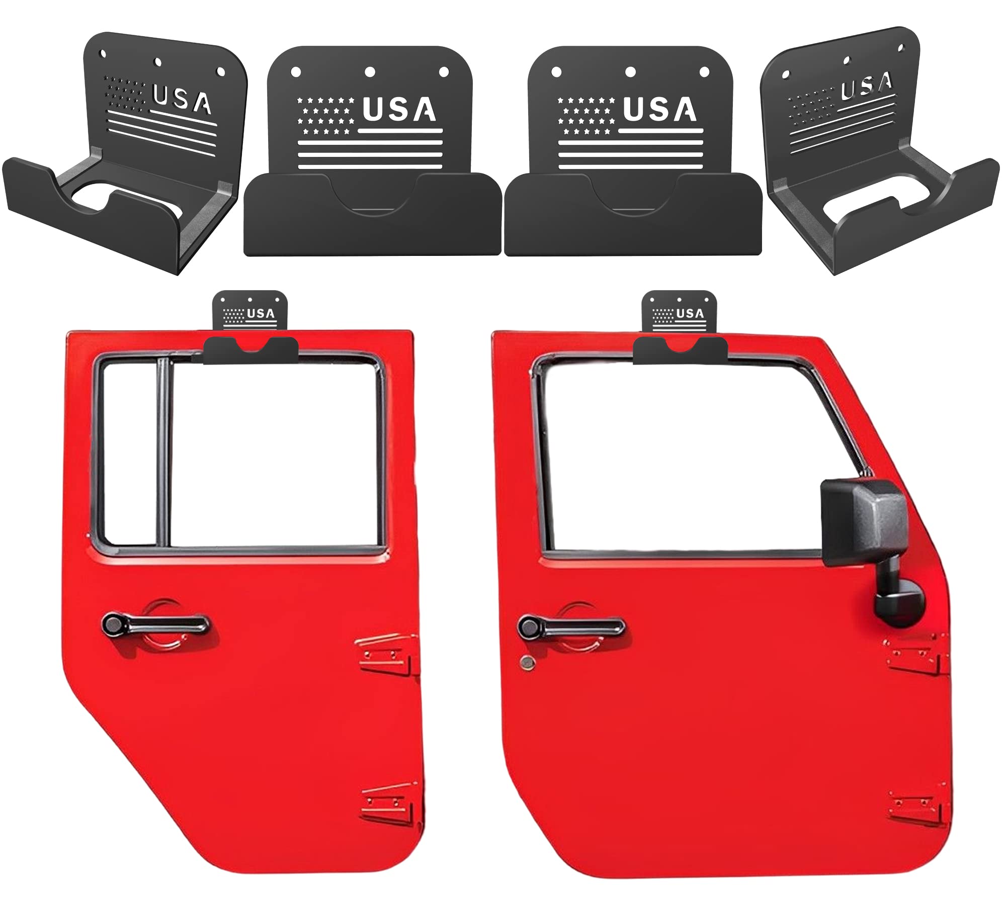 Flag Detachable Door Storage Hanger with Rubber Wall Mount Heavy Duty Door Hanger Storage Holder Bracket Rack For1956-2020 Wrangler CJ YJ TJ LJ JK JKU JL JLU & 2021 Gladiator JT On Garage 4 PCS