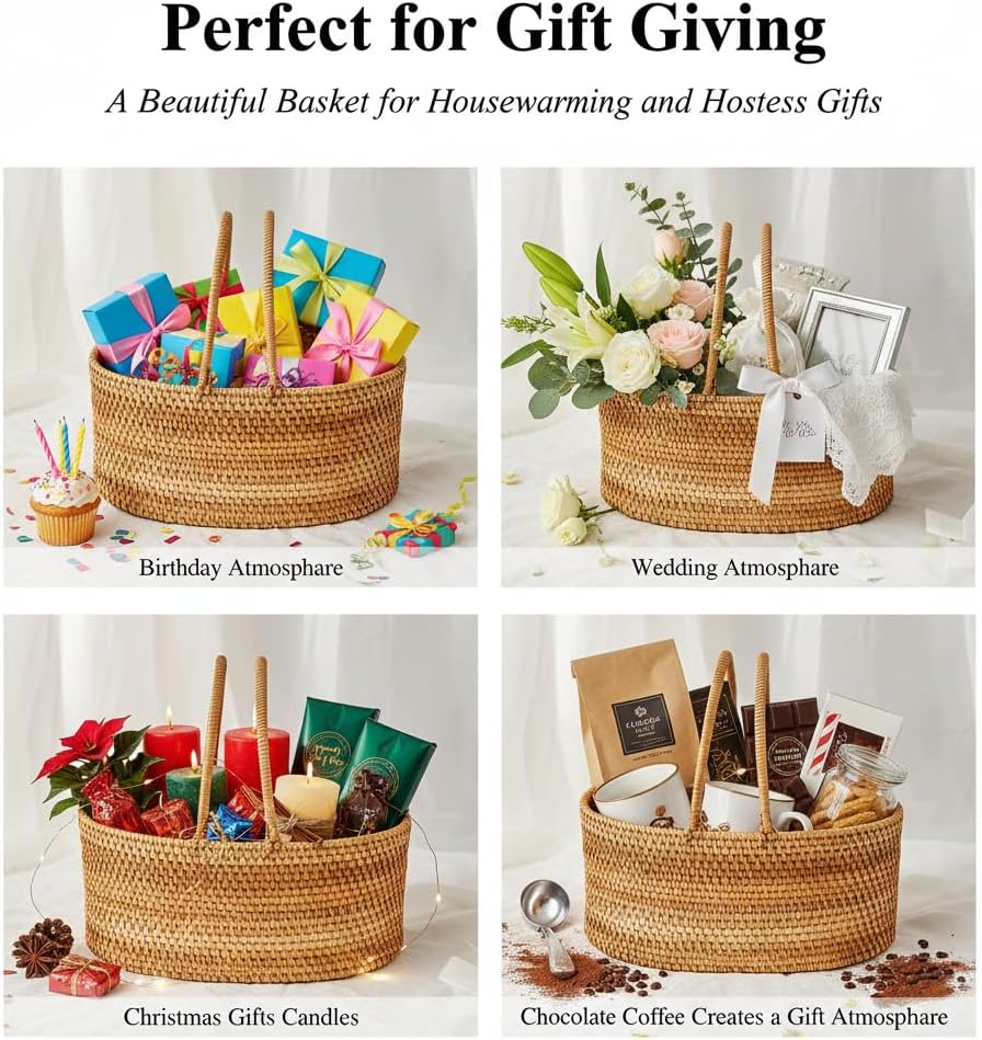 Handwoven Rattan Basket with Handle, 14 x 10.2 x 6 Inch, Handmade Storage Basket for Produce, Floral Arrangement and Holiday Gift Basket