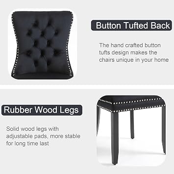 Contemporary Button Tufted Dining Chairs High-end Velvet Upholstered Dining Chairs with Nailhead Back and Ring Pull Trim Wood Kitchen Chairs for Dining Room (Black, Set of 2)