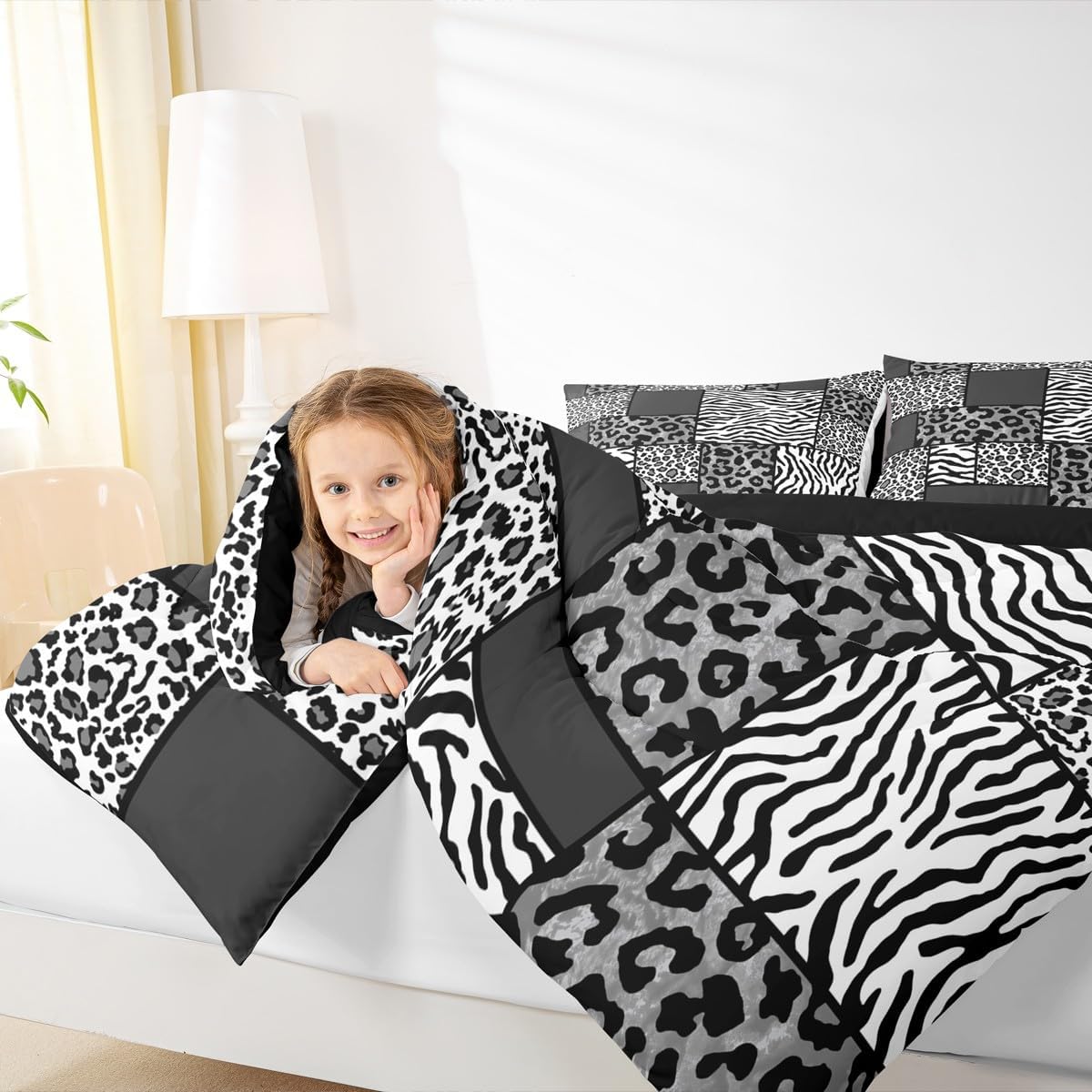 Zebra Print Comforter Set King Animal Print Bedding Set Black White Grey Bedding Comforter Sets Cheetah Leopard Duvet Sets, Gray Buffalo Plaid Quilted Comforter Wildlife Fur Patchwork Decor