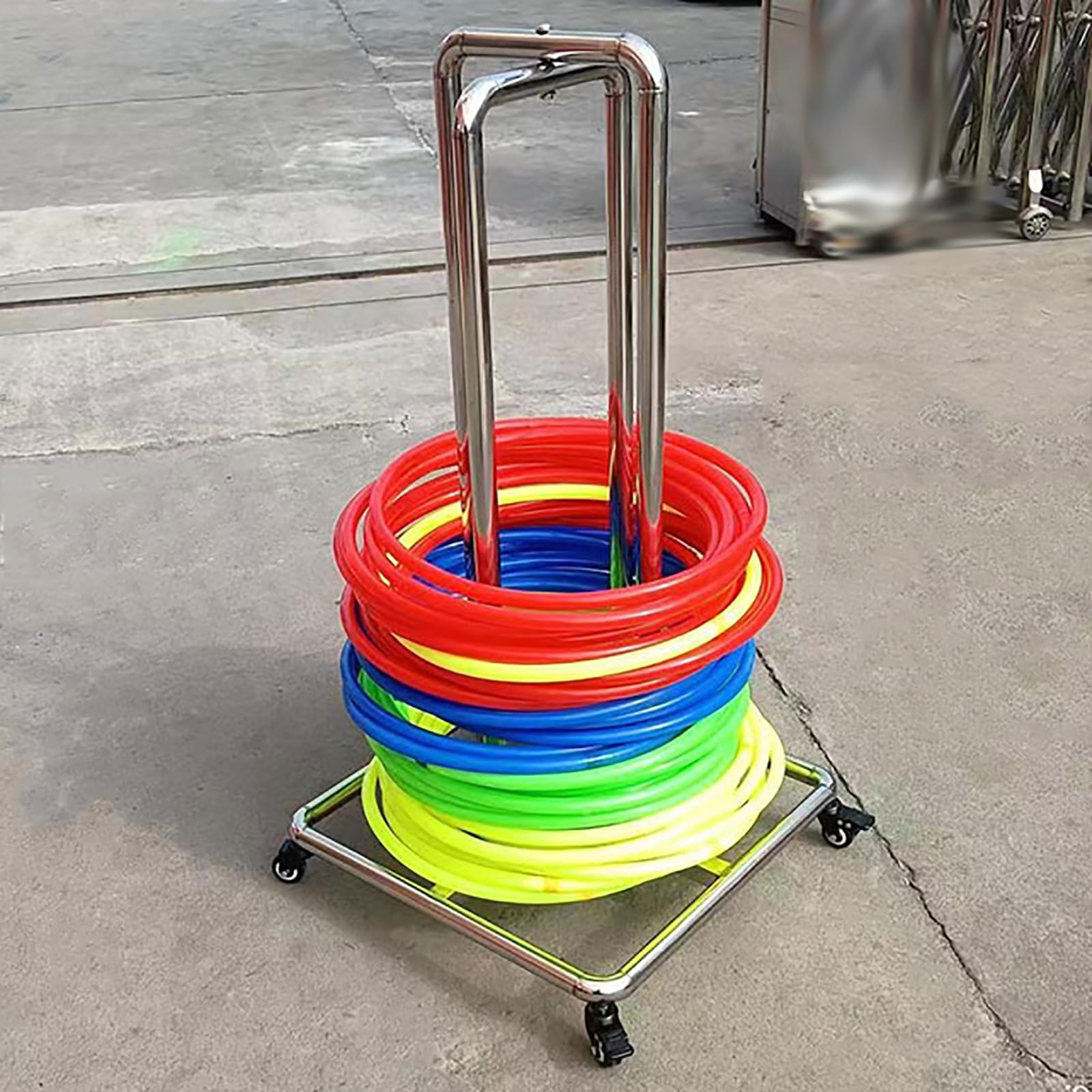 Supporto per Hula Hoop Supporto per giocattoli in acciaio inossidabile, supporto per hula hoop con ruote, supporto portatile per anelli da ginnastica per interni ed esterni
