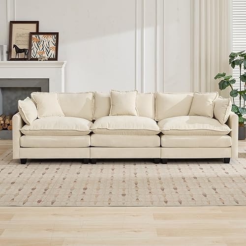 Miniatura 3 de Sofá seccional modular beige de 111.5 pulgadas, sofás seccionales grandes de 3 plazas para sala de estar, tela de chenilla marfil blanquecina, sofá