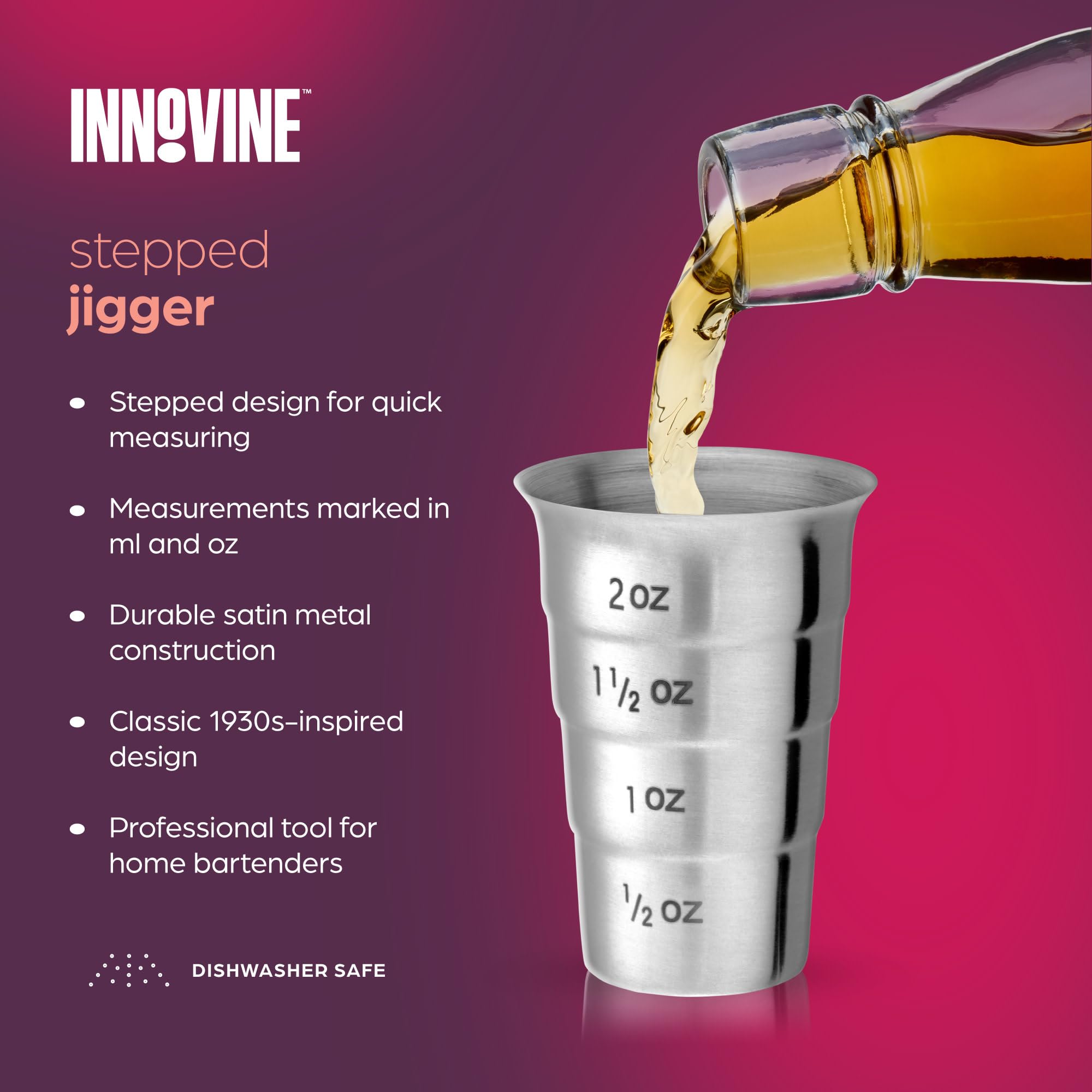 Innovine Stepped Jigger, Durable Satin Metal Finish Drink Measuring Tool, Perfect for Margarita, Whiskey Sour, Martini, Cocktail Accessories, Home Bar, Bartending Tools, Barware, Set of 1