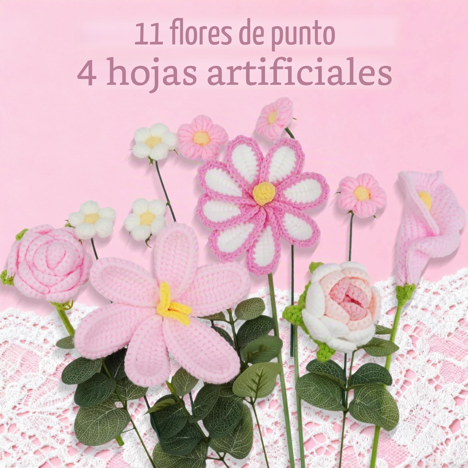 Ramo de flores de punto de ganchillo de rosas para decoración del hogar, aniversarios, bodas, cumpleaños, día de la madre con bolsa de regalo y tarjeta de felicitación, rosa