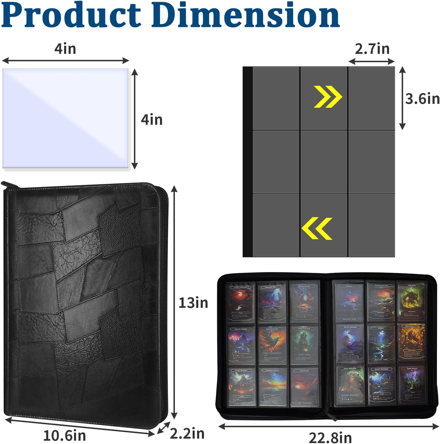 9 Pocket Trading Card Binder with Zipper – Holds 360 Cards (Front & Back Loading), 20 Side-Loading Pages – Premium Album Folder for Yugioh, Football, MTG, TCG & Sports Cards – Black image 3